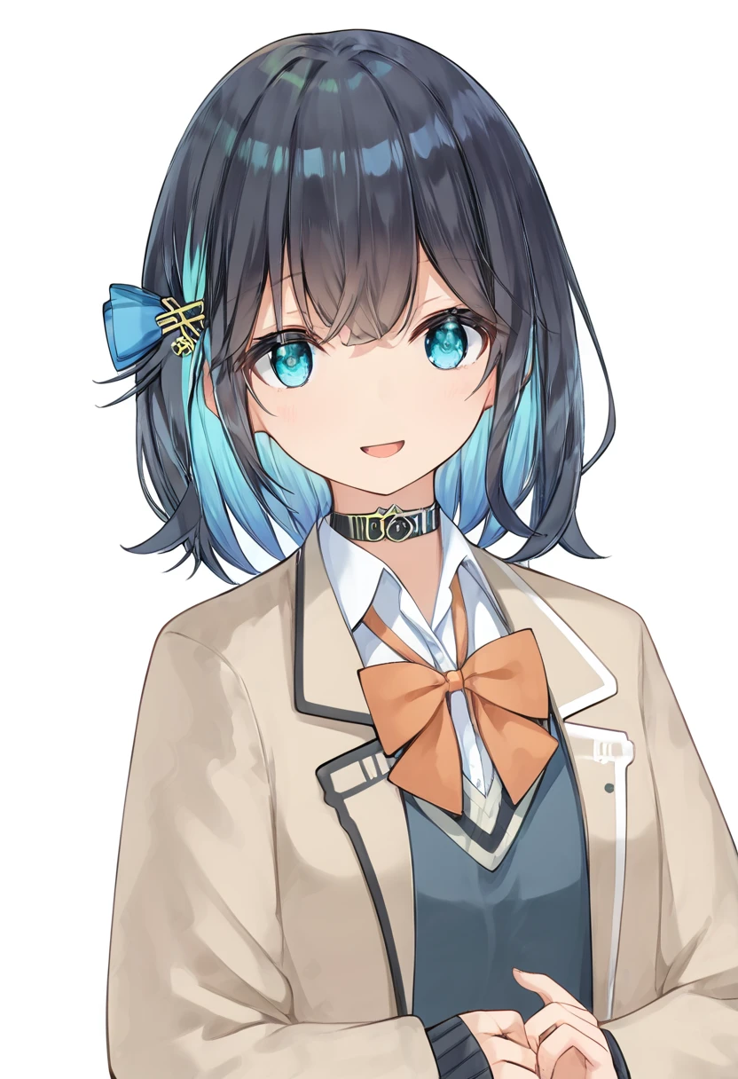 score_9, score_8_up, score_7_up, source_anime, <lora:lowres_concept_ponyXL_v1:-0.3> 
BREAK,
<lora:miyamai_moca_ponyXL_v3-15:1> miyamai_moca, black hair, blue hair, colored inner hair, multicolored hair, blue eyes, hair ornament, 
school uniform, brown jacket, open jacket, sweater vest, white shirt, bow, choker,  smile, standing, looking at viewer, open mouth,