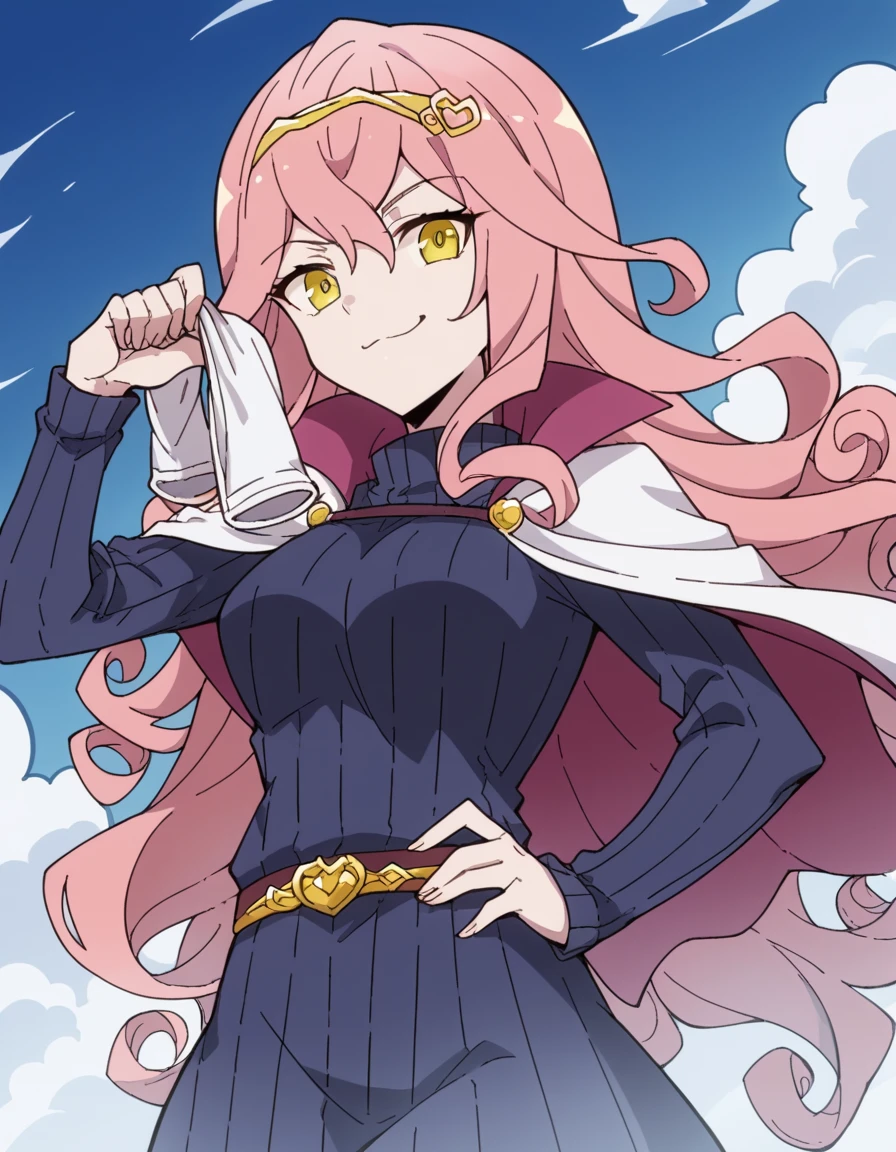 score_9, score_8_up, score_7_up, source_anime, <lora:renaishin-s2-ponyxl-lora-nochekaiser:1>, renaishin, long hair, medium breasts, yellow eyes, pink hair, tiara, sidelocks, curly hair,, cape, armor, sweater, ribbed sweater, laundry day, clothesline, drying clothes, domestic life, fresh air, blue sky, , smug, hand on hips,, looking at viewer, solo,, dutch angle, cowboy shot