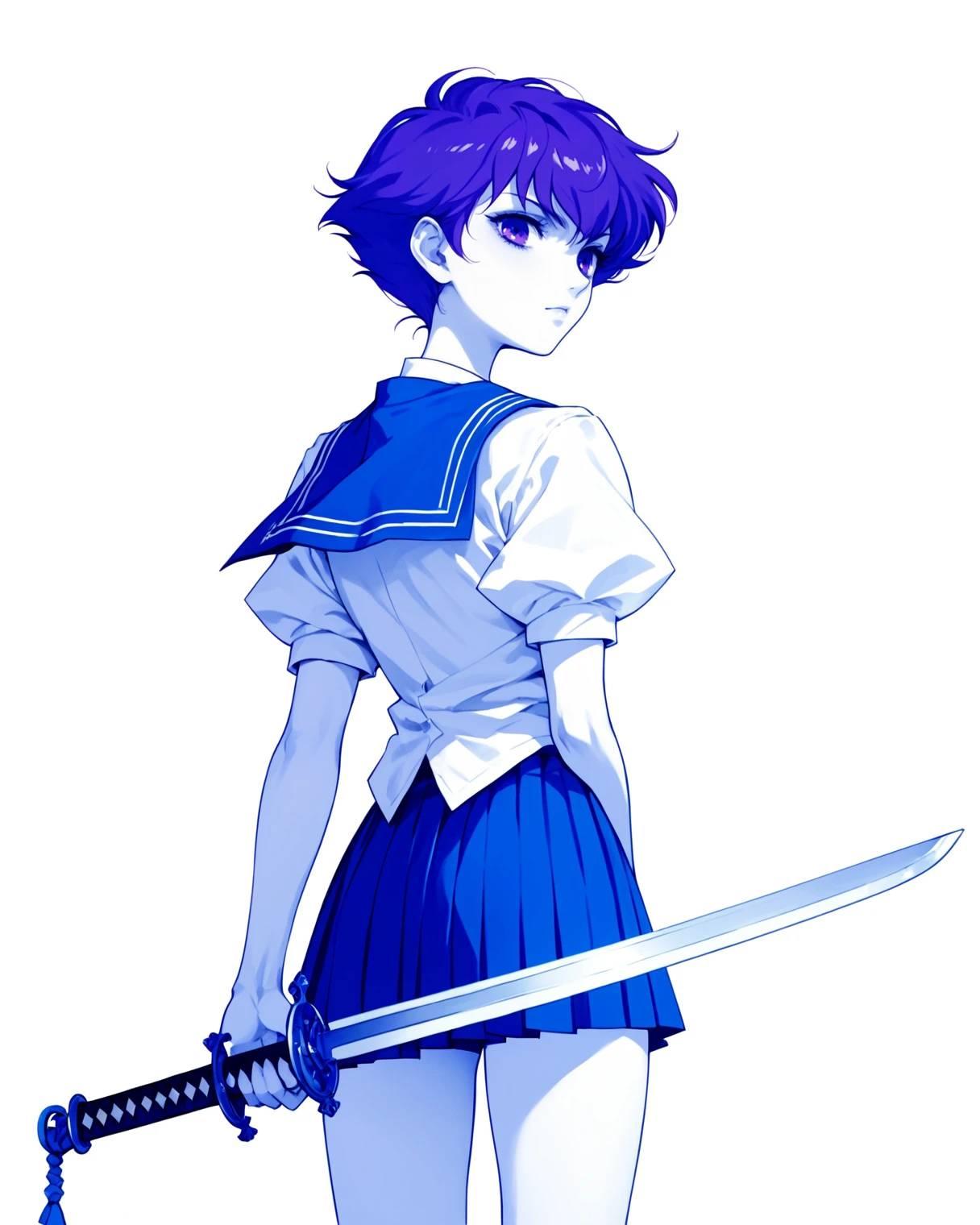 score_9, score_8_up, score_7_up, score_6_up, score_5_up, score_4_up,  <lora:Kozue_Kaoru_Pony_XL:0.9> 1girl, kozue, short hair, purple hair, purple eyes, japan school uniform, blue theme, white background, white skin, back view,full body, holding sword in hand