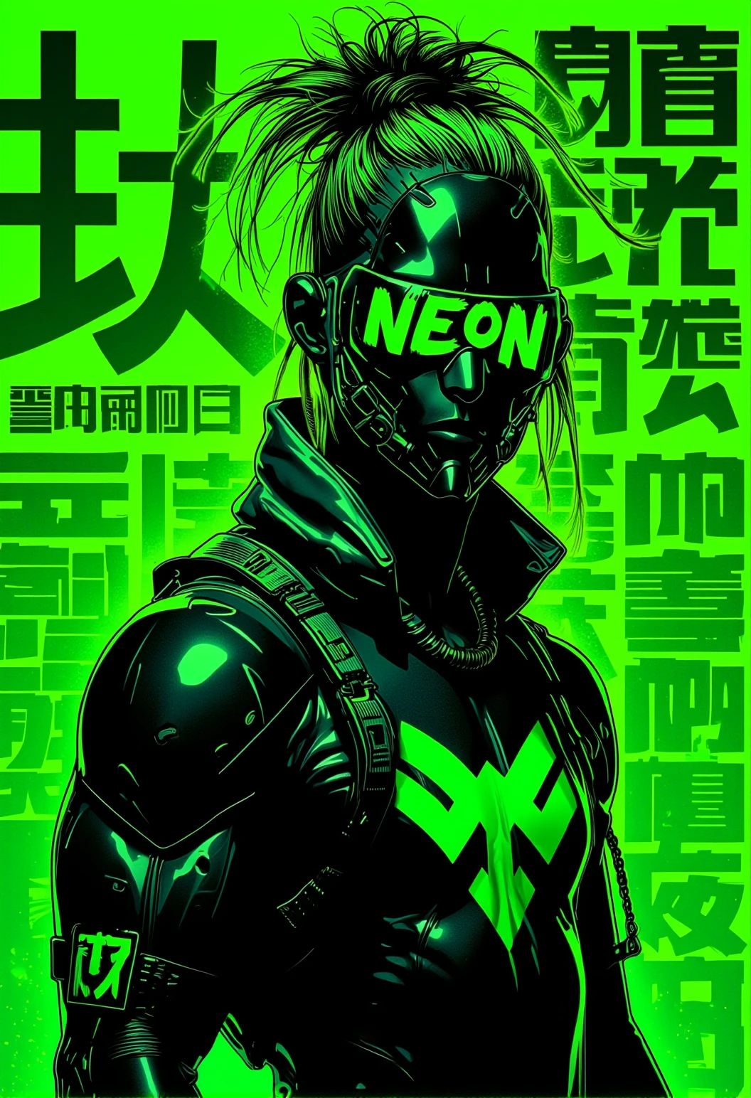 In the style of realistic, a cyberpunk warriorin front of a solid acid green background, (with the text "Neon Art Style" prominently displayed in the center of the image in bold letters:1.5 )., <lora:bv-neoartsty.safetensors:1.0:1.0>