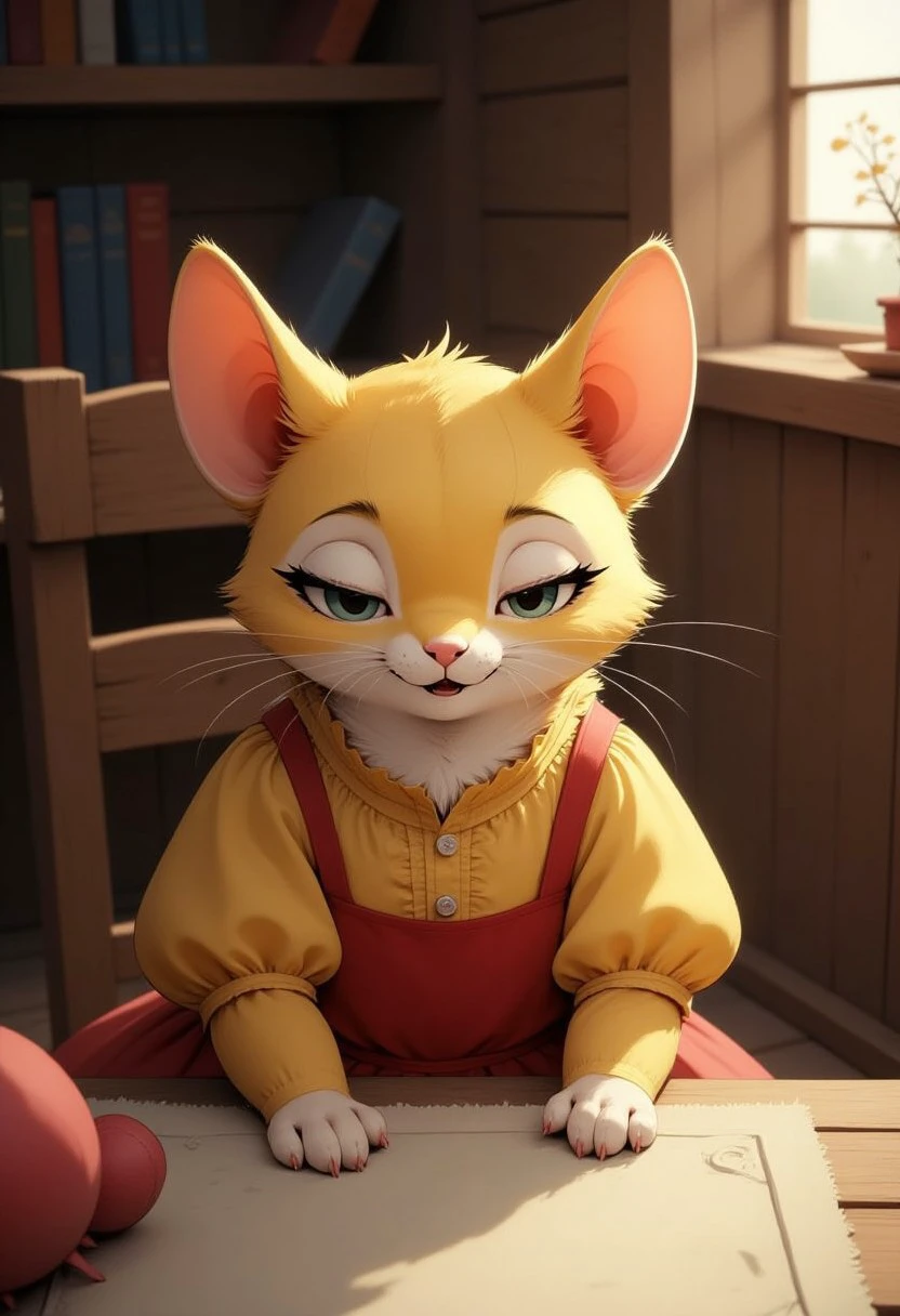 Cat  (cute), (feral:1.5), pointy ears, (frilly yellow shirt, red skirt), indoors, cottage, (sitting at the table), chair, sewing, upper body shot, head focus, (open mouth:0.8), yellow ears,