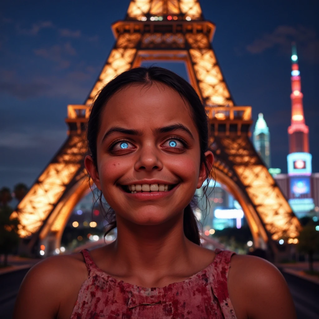 realistic wide angle photo of a girl with gesugao facial expression and glowing eyes standing in front of the eiffel tower in Las Vegas Nevada<lora:gesugao.FLUX:1>