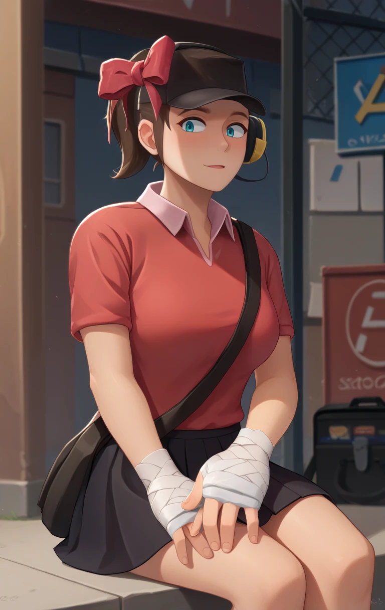 score_9,score_8_up,score_7_up BREAK <lora:femscout10:1>,FemScoutMarlo,1girl,short hair,blue eyes,ponytail,brown hair,shirt,hat,red bow,short sleeves,collared shirt,shoulder bag,bandages,black skirt,headset,red shirt,bandaged arm,bandaged hand,polo shirt,cowboy shot,street background,sitting,