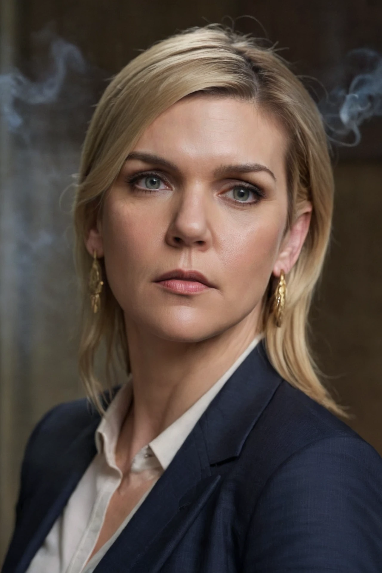 realistic portrait photo of a woman, rheaseehorn, blonde hair, formal shirt, face portrait, cinematic, smoking, earrings,
<lora:RheaSeehorn_SDXL_v1-000004:0.8>