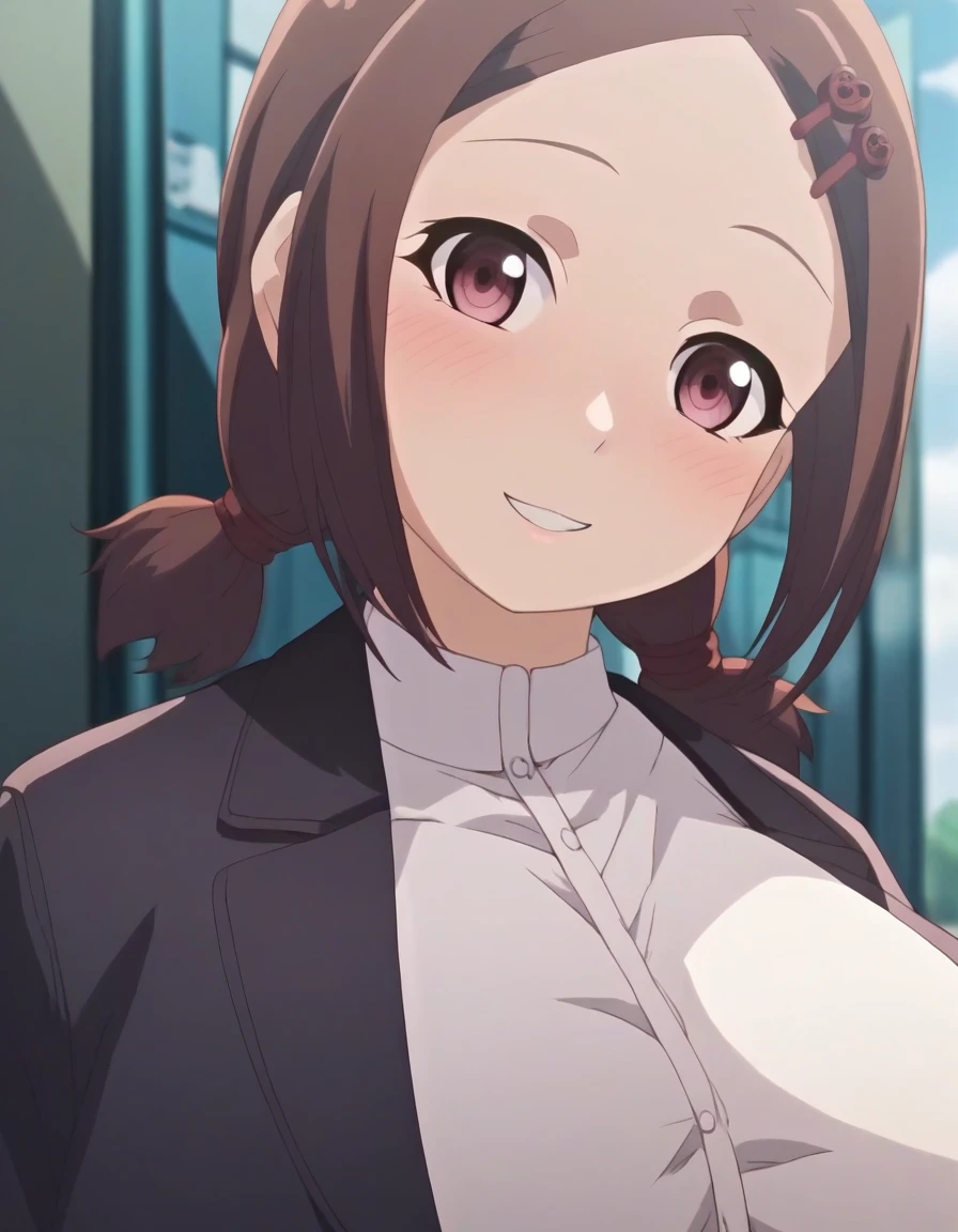 masterpiece, 16k, Japanese, 1 female ,60 years old ,(((White long sleeve warp knit sweater:1.5,Wear a black two-corner camisole long dress:1.2))) ,(Big Breasts:1.5) , Realistic, double eyelid, Textured skin, 1080p, Canon, 8k, Very detailed, Accurate, highest quality、impatience、Sweat:1.5、blush、Embarrassed face、smile、(Tight waist、Big Ass)