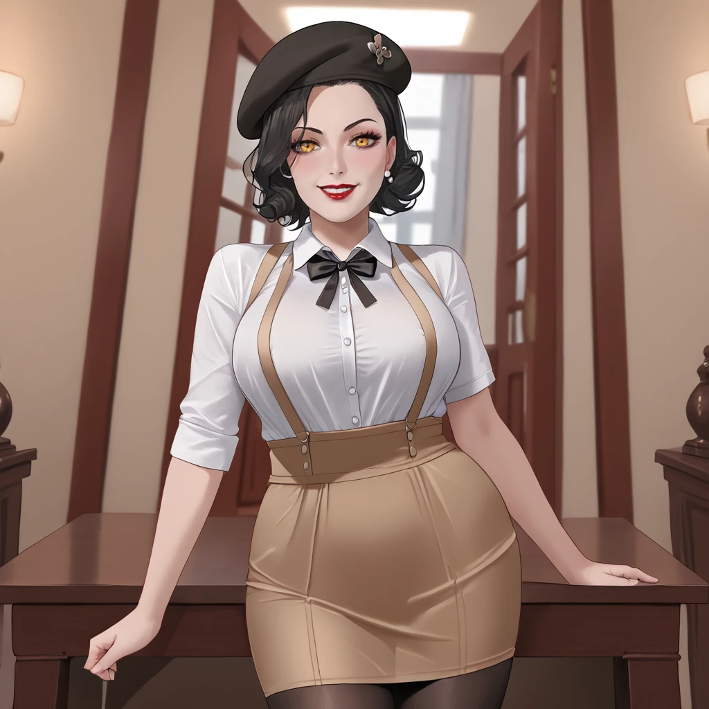 <lora:ladydimitrescu_pony_v1:.8>LadyDimitrescu, 1girl, solo, large breasts,  yellow eyes, black hair, short hair, makeup, lipstick, tall female, pale skin,  <lora:0902 Home wear 5_v1_pony:1> ruanyi0902,beret,black ribbon,collared shirt,black pantyhose,high-waist skirt,white shirt,suspenders