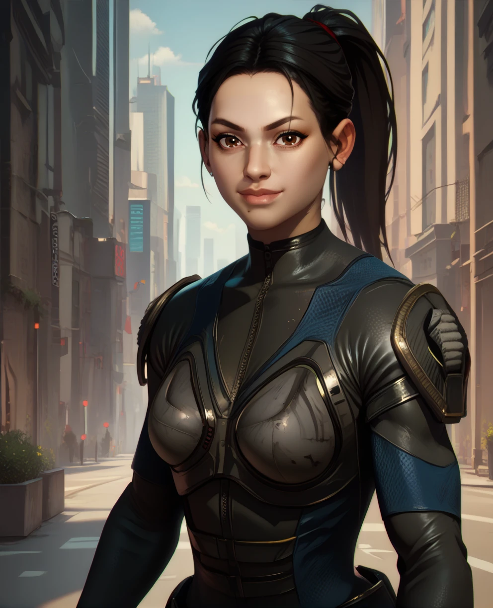 score_9,score_8_up,
fayexl,ponytail,black hair,brown eyes,
black body suit,armor,
looking at viewer,solo,
standing,  light smile,  wall, 
city,science fiction,s<lora:fayexl:1>,