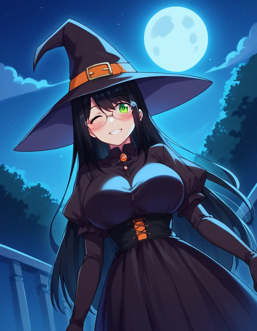 score_9, score_8_up, score_7_up, source_anime, <lora:yuzuki-hanyuu-s1-ponyxl-lora-nochekaiser:1>, yuzuki hanyuu, long hair, black hair, green eyes, glasses, huge breasts,, <lora:witch-ponyxl-lora-nochekaiser:1>, witch, hat, witch hat, dress, halloween, halloween costume, jewelry,, night, moon, blush, smile, one eye closed,, , dutch angle, cowboy shot