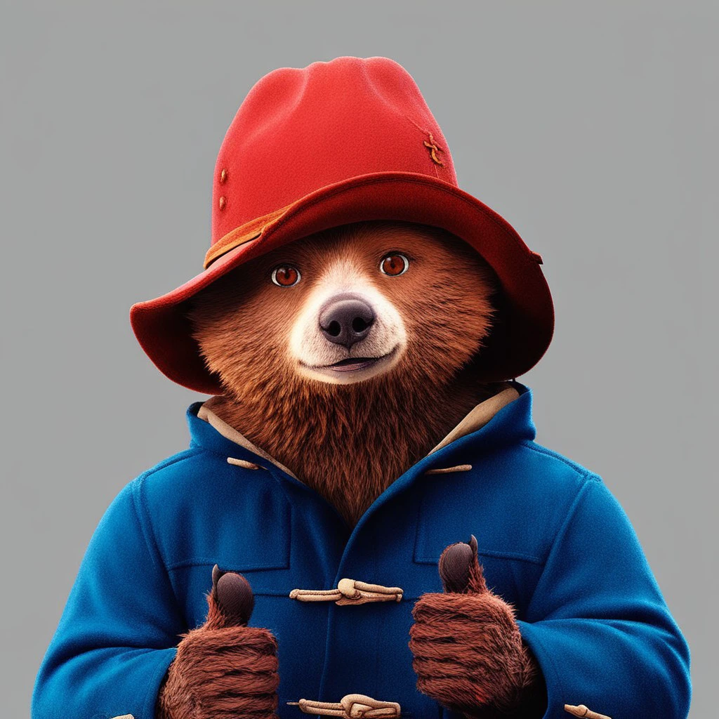 Score_7_up, score_8_up, 2d, source_cartoon,  upper body, 
BREAK,
Paddington, anthro bear, red hat, blue coat, looking at viewer, (thumbs up), simple background,