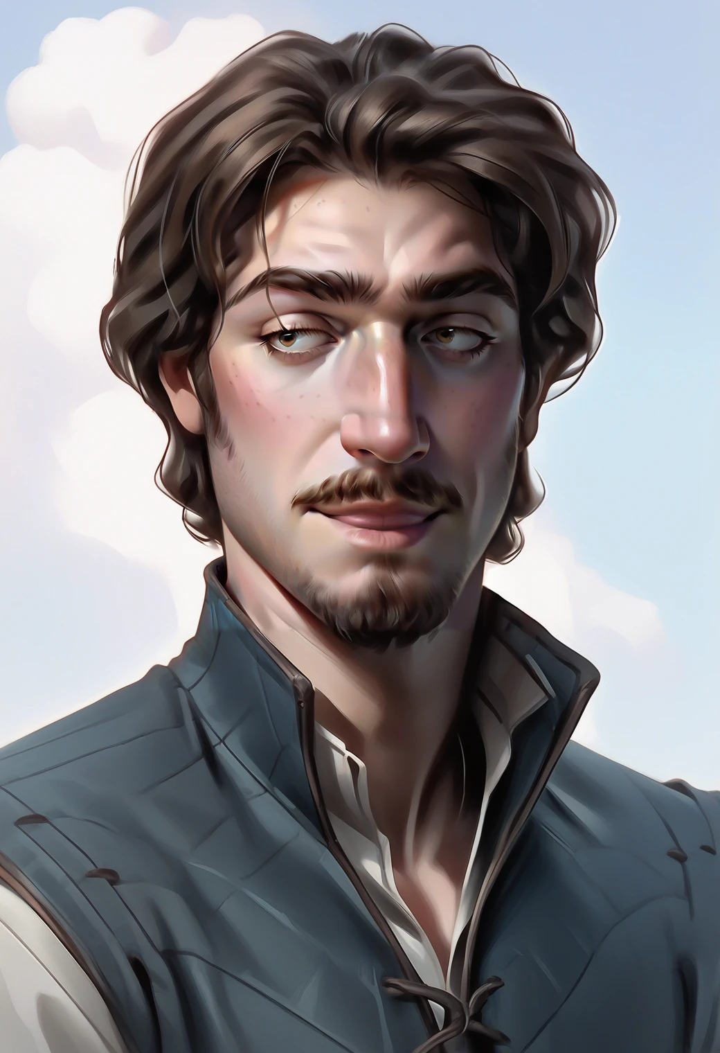 <lora:Painterly_Sketch_Art-20:0.8> (pskas4b style):1.5,
score_9,score_8_up,score_7_up, rating_safe,
adult, handsome, 
<lora:Flynn_Rider_-_Tangled:0.8> flynnrider    
freckles, goatee, freckles on body, cocky, confident expression, 
portrait, close-up,  wide angle, dynamic pose,