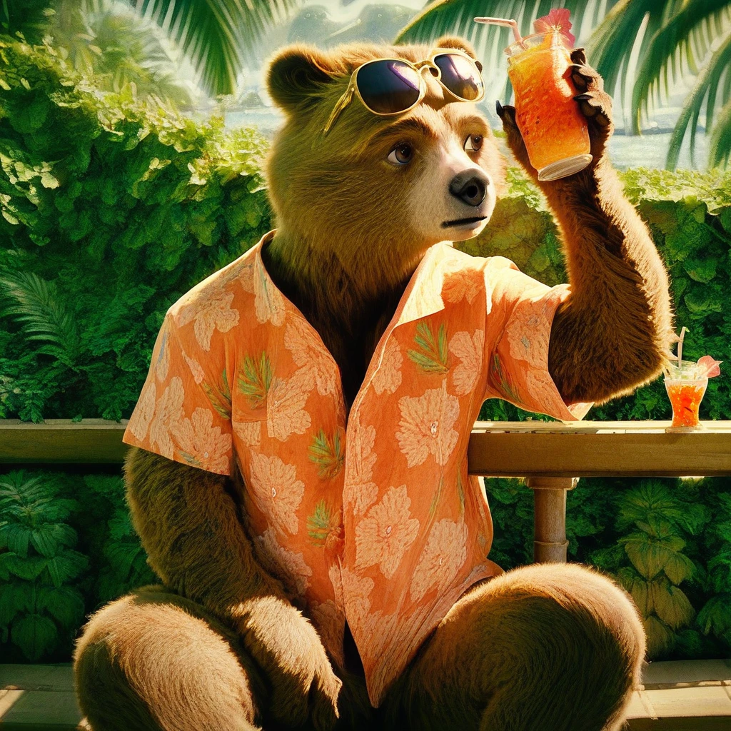 Score_7_up, score_8_up, realistic, Paddington, anthro bear, Hawaiian print shirt, holding tropical drink, sunglasses on head, looking offscreen, tropical resort setting, sitting,