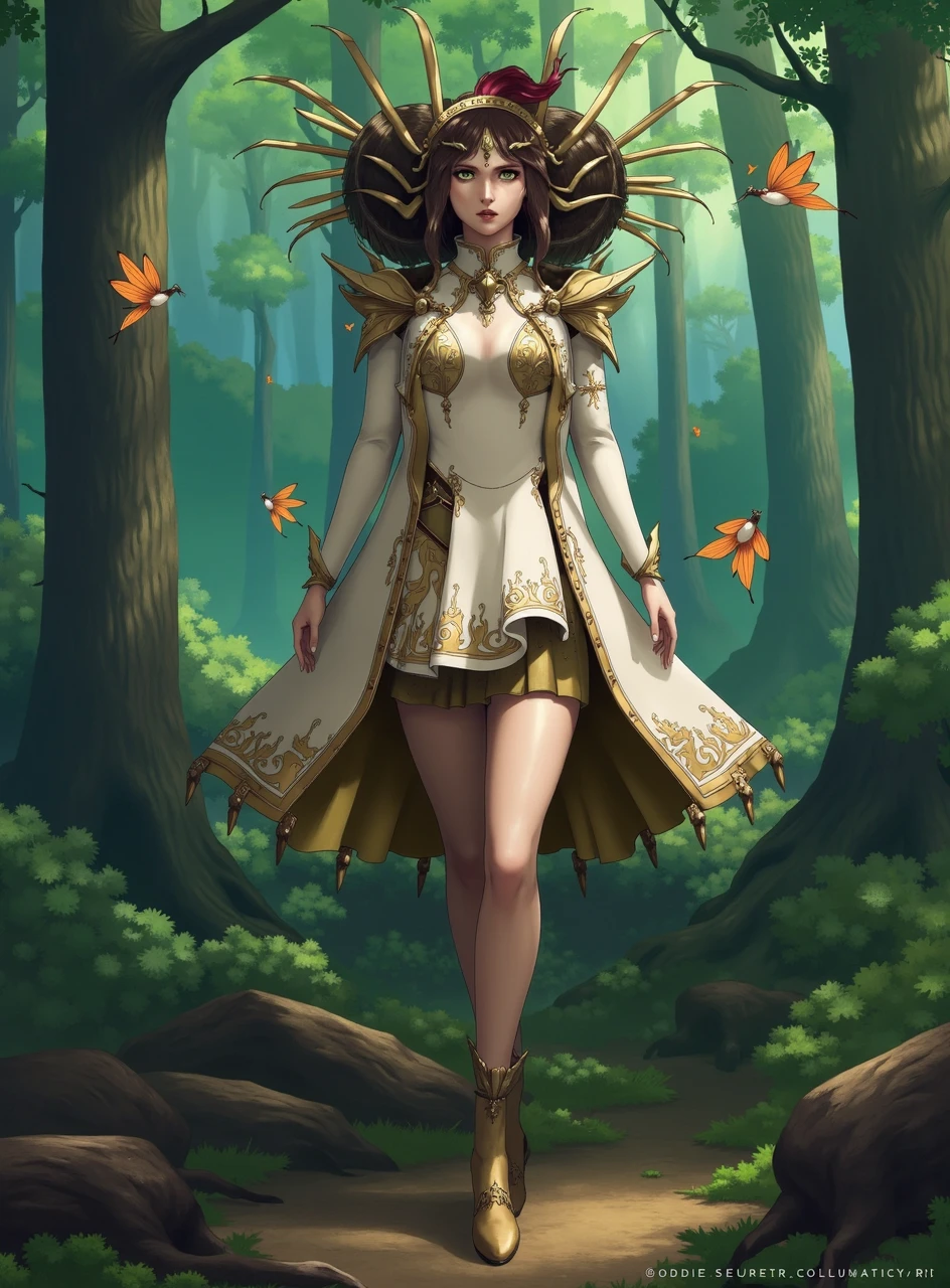 This is an anime inspired digital painting featuring a fantastical female character with layerd clothing. She has clothing with intricate patterns and an ornate design. She is standing in a magical forest and is surrounded by a group of flying fairies.