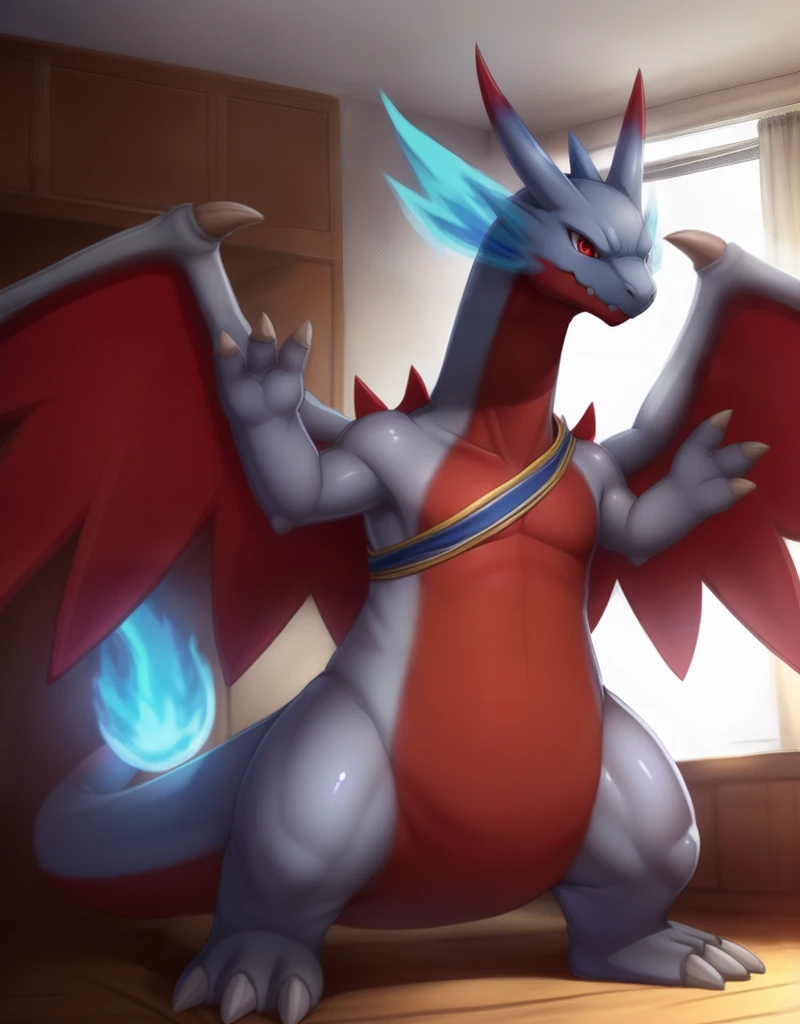 (((detailed eyes, detailed face))), (feral, (player2 megacharizardx <lora:character_charizard_pokken_megax_findigo_v2+1:1>, grey skin, red belly, (red wings)), claws, 3 fingers, shoulder horn, sash, red eyes), male, (solo), (plump), (sfw), standing, (arms up), smile, (front view) BREAK (by bna_v5, by inkudoragoon, by kicktyan), bedroom, (flat shading, flat color, high brightness), 8k, UHD, masterpiece, (full body), (blue flame), (((red wings)))