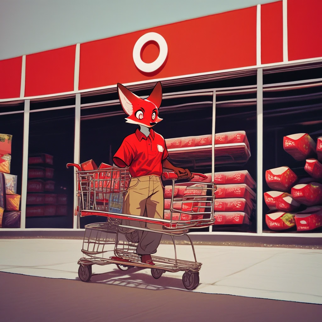 r3dsh1rtd3m0n, A (furry fox male:1.3) wearing a (red crew neck shirt:1.4) and (khaki pants:1.2), joyfully riding in a (shopping cart:1.3) outside a (red dot retail box store:1.4), surrounded by a (red aesthetic:1.5), capturing the essence of the line "I rode the city in a shopping cart, a pack of camels and a smoke alarm," vibrant colors, playful mood, urban settingscore_9, score_8_up, score_7_up, score_6_up, score_5_up, score_5_up, score_4_up