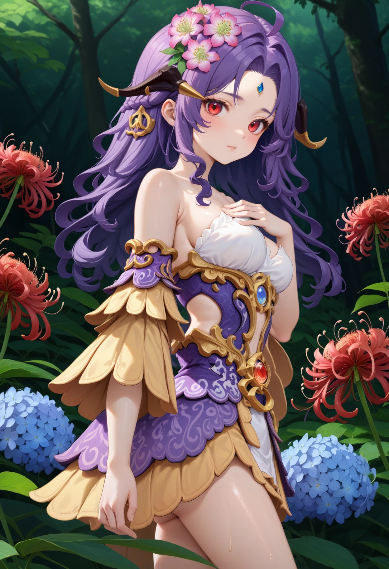 masterpiece, best quality, very aesthetic, absurdres, rom_nidhogg_xl,
1girl, purple hair, flower on head, red eyes, taking a bath,
from side, looking at viewer, cowboy shot, hand on own chest, mystical forest, spider lily, hydrangea, light rays, tyndall effect, vivid colors, tranquil and magical atmosphere,
shiny skin, beautiful face, beautiful eyes, extreme detailed, official art, professional illustration, hires,
<lora:rom_nidhogg_pony_xl:1>, <lora:aesthetic_anime_v1s:0.5>, <lora:add_details_xl:0.5>