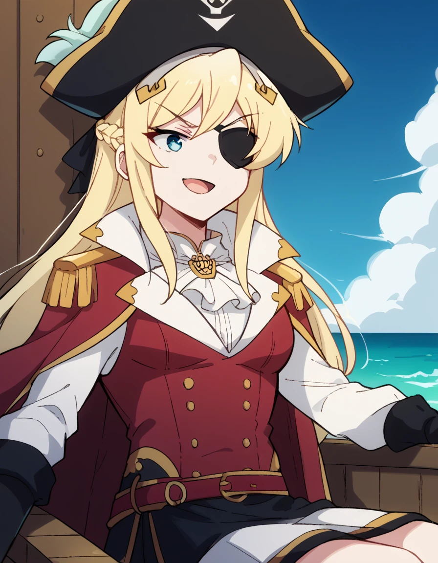 score_9, score_8_up, score_7_up, source_anime, <lora:hildegard-minas-lestia-s2-ponyxl-lora-nochekaiser:1>, hildegard minas lestia, long hair, blue eyes, blonde hair, braid, french braid,, <lora:pirate-costume-ponyxl-lora-nochekaiser:1>, pirate costume, pirate hat, skirt, gloves, jacket, shirt, eyepatch,, blue sky, sea, ocean, pirate ship, treasure, gold, smug, open mouth, from below, sitting,, , dutch angle, cowboy shot