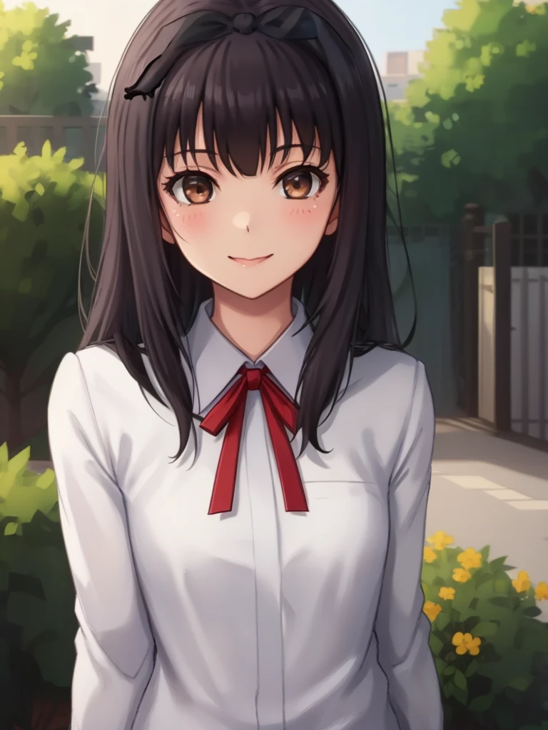 ((masterpiece)),(best quality),official art,extremely delicate and beautiful,extremely detailed CG,unity 8k wallpaper,ultra detailed,beautiful detailed eyes,extremely detailed face,outdoors,1girl,solo,upper body,(portrait:1.5),looking at viewer,facing viewer,smile,blush,Amemiya Hatsune,long hair,black hair,hairband,hair ribbon,hair bow,black bow,sidelocks,bangs,brown eyes,school uniform,neck ribbon,red ribbon,white shirt,collared shirt,long sleeves,medium breasts,black skirt,pencil skirt,white socks,loafers,<lora:Amemiya Hatsune(ks)>,