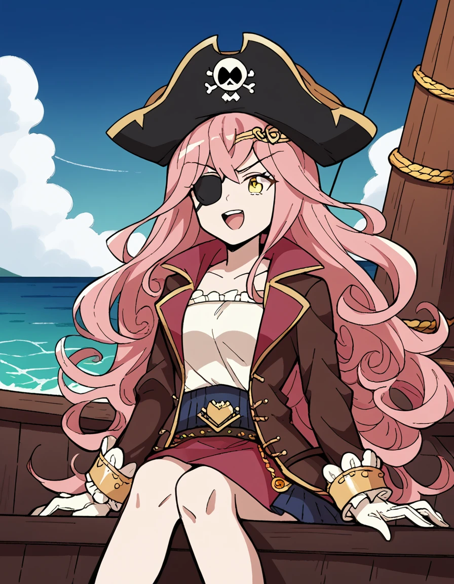 score_9, score_8_up, score_7_up, source_anime, <lora:renaishin-s2-ponyxl-lora-nochekaiser:1>, renaishin, long hair, medium breasts, yellow eyes, pink hair, tiara, sidelocks, curly hair,, <lora:pirate-costume-ponyxl-lora-nochekaiser:1>, pirate costume, pirate hat, skirt, gloves, jacket, shirt, eyepatch,, blue sky, sea, ocean, pirate ship, treasure, gold, smug, open mouth, from below, sitting,, , dutch angle, cowboy shot