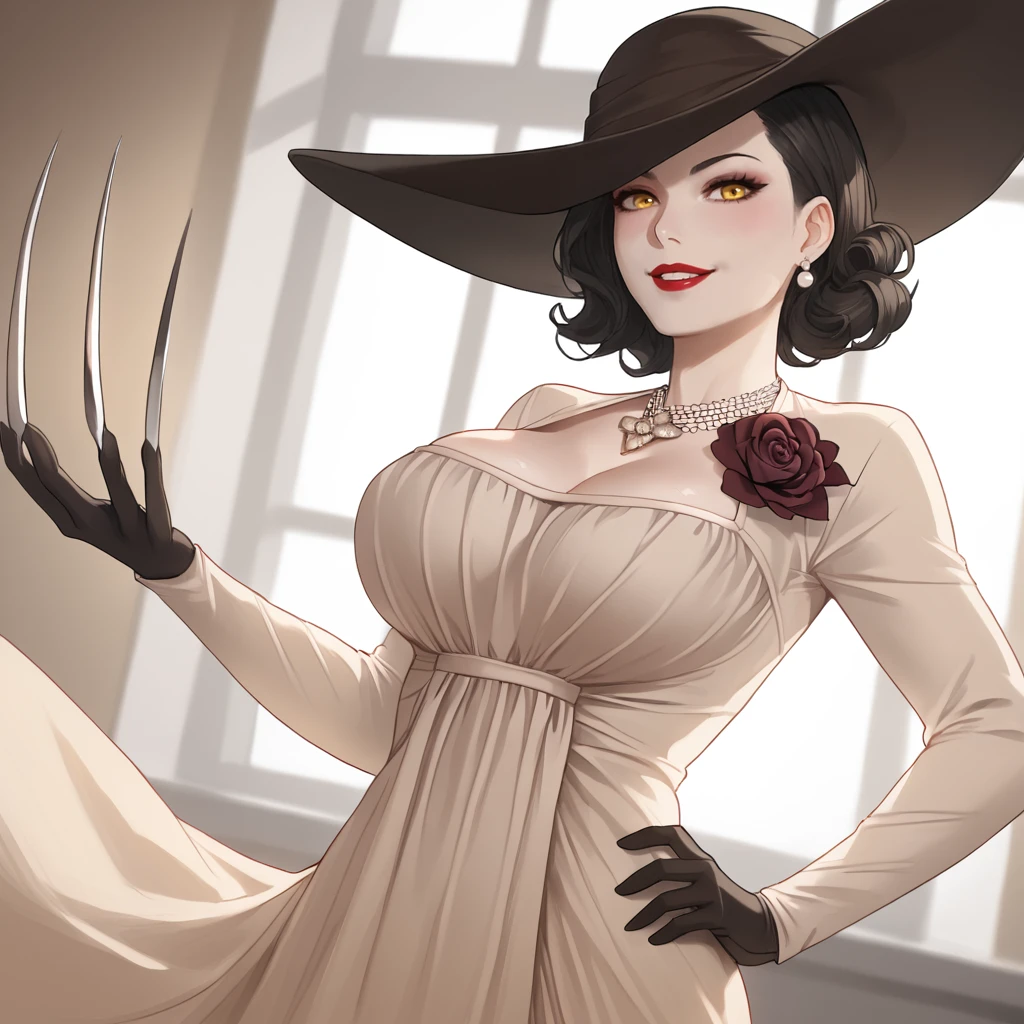 <lora:ladydimitrescu_pony_v1:.8> LadyDimitrescu, 1girl, large breasts, sun hat, white dress, cleavage, jewelry, yellow eyes, black hair, necklace, short hair, black gloves, makeup, lipstick, claws, rose, flower, tall female, pale skin, long dress, cowboy shot