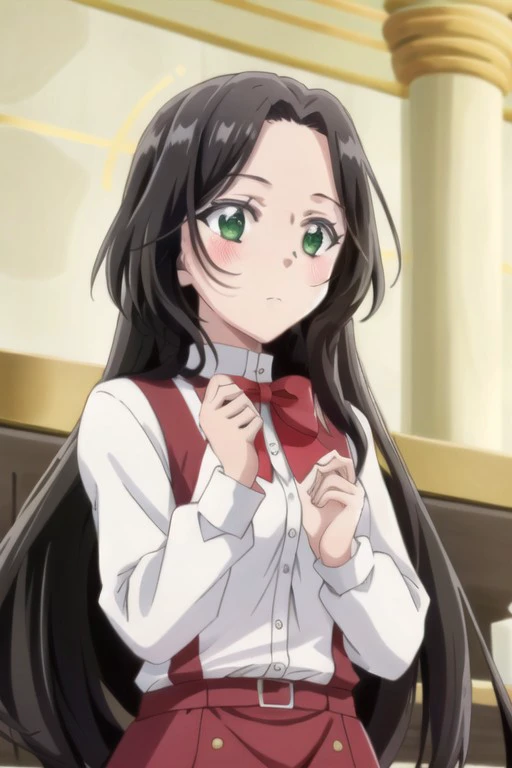 (masterpiece), liz cather, long hair, black hair, green eyes, 1girl, solo, red bow, bow, white shirt, bowtie, shirt, closed mouth, blush, long sleeves, indoors