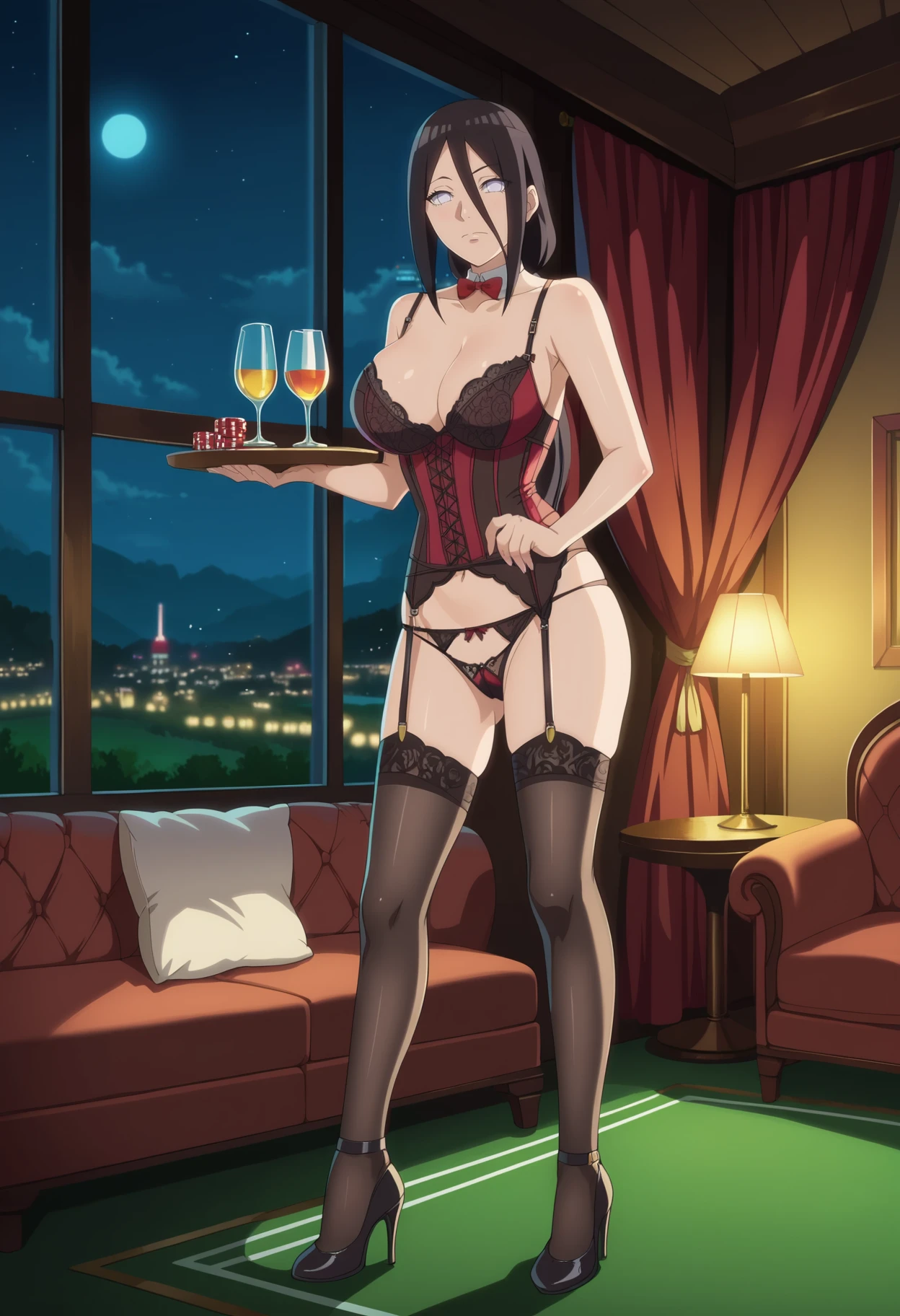 score_9, score_8_up, score_7_up, source_anime,anime screencap,anime coloring,intricate details,masterpiece,
uncensored,
mature female,
hanabi, black hair, 1girl, long hair, hair between eyes, white eyes,no pupils,large breasts,
lingerie, garter straps, garter belt, panties, bra, corset,bowtie,collar, thighhighs,
high heels, raised eyebrows,
closed mouth,half-closed eyes,raised eyebrow, holding tray, standing, 
looking at viewer,
perfect anatomy,sidelighting, backlighting,
scenery,indoors,window, pillow, formal, gold,night, night sky, dark background, Low-key lighting,Detailed Background,red sky,casino, cocktail glass, banknote, poker chip, cityscape,
<lora:Hanabi_by_Nyx:0.8>