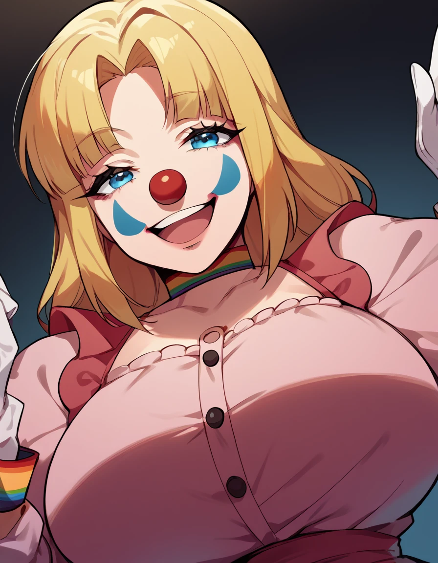 score_9, score_8_up, score_7_up, source_anime, <lora:chloe-mansfield-s1-ponyxl-lora-nochekaiser:1>, chloe mansfield, long hair, bangs, blue eyes, blonde hair, huge breasts,, <lora:clown-ponyxl-lora-nochekaiser:1>, clown, makeup, clown nose, facepaint, gloves, long sleeves, frills, dress,, smile, open mouth, smug, , dutch angle, cowboy shot