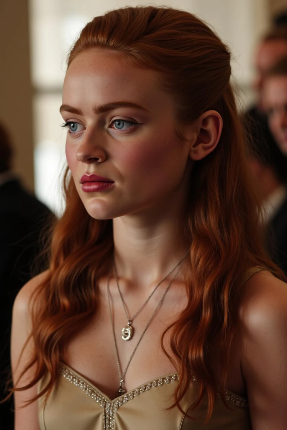 Sadie sink with long, reddish-brown hair is the central figure. Her hair is styled in loose waves, cascading over her shoulders, and is adorned with a simple braid on one side. She is wearing a light-colored, possibly cream or beige, dress with intricate detailing around the neckline, adding a touch of elegance to her attire. A delicate necklace can be seen around her neck, complementing her dress.
Her expression is serious and contemplative, with her eyes focused intently on something off-camera. The lighting in the image is soft and natural, casting a warm glow on her face and highlighting her features. The background is slightly blurred, suggesting an indoor setting with other people present, possibly at a formal event or gathering.
The overall composition of the image conveys a sense of formality and sophistication, with the young woman's attire and expression suggesting a moment of quiet introspection amidst a social setting. The soft lighting and her serious demeanor create a poignant and captivating atmosphere.