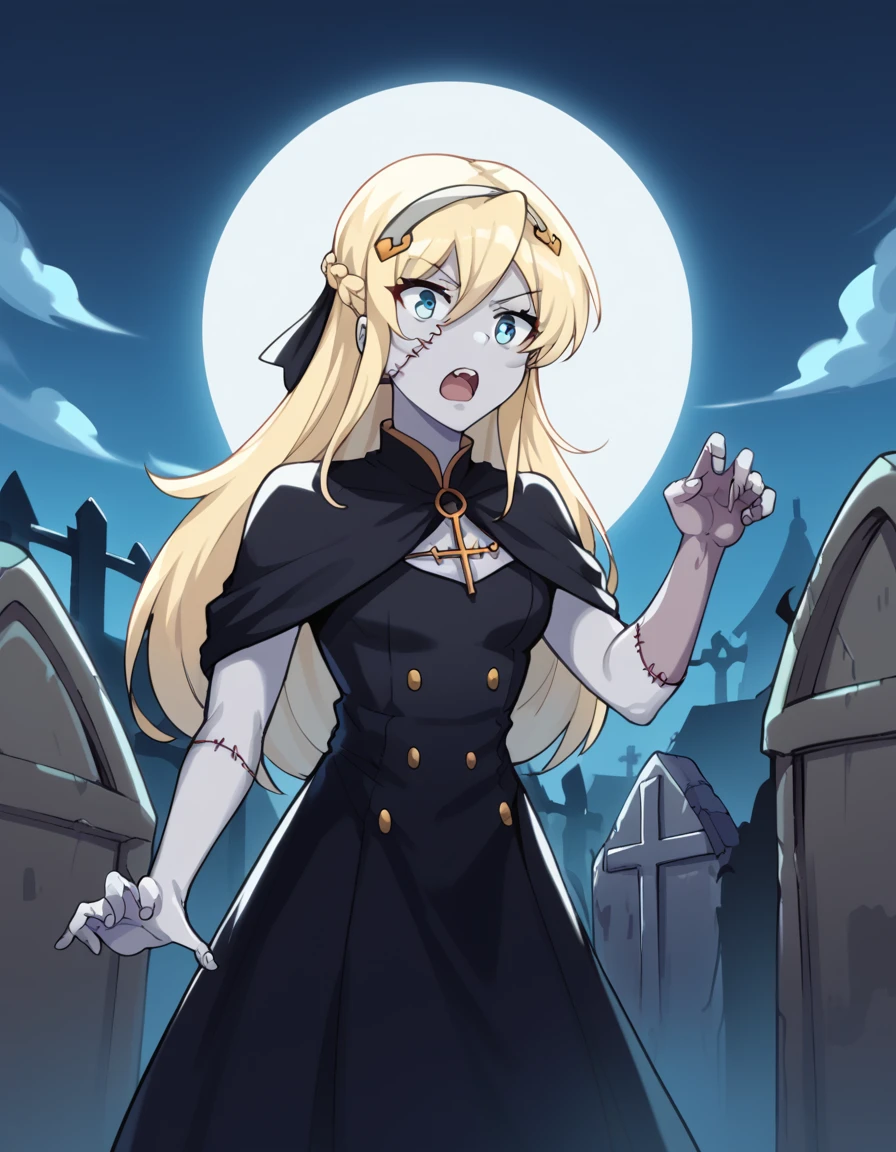 score_9, score_8_up, score_7_up, source_anime, <lora:hildegard-minas-lestia-s2-ponyxl-lora-nochekaiser:1>, hildegard minas lestia, long hair, blue eyes, blonde hair, braid, french braid,, <lora:zombie-ponyxl-lora-nochekaiser:1>, zombie, colored skin, stitches, grey skin, multicolored skin, stitched face, zombie pose, halloween, halloween costume,, night, moon, graveyard, tombstone, grave, open mouth, , dutch angle, cowboy shot