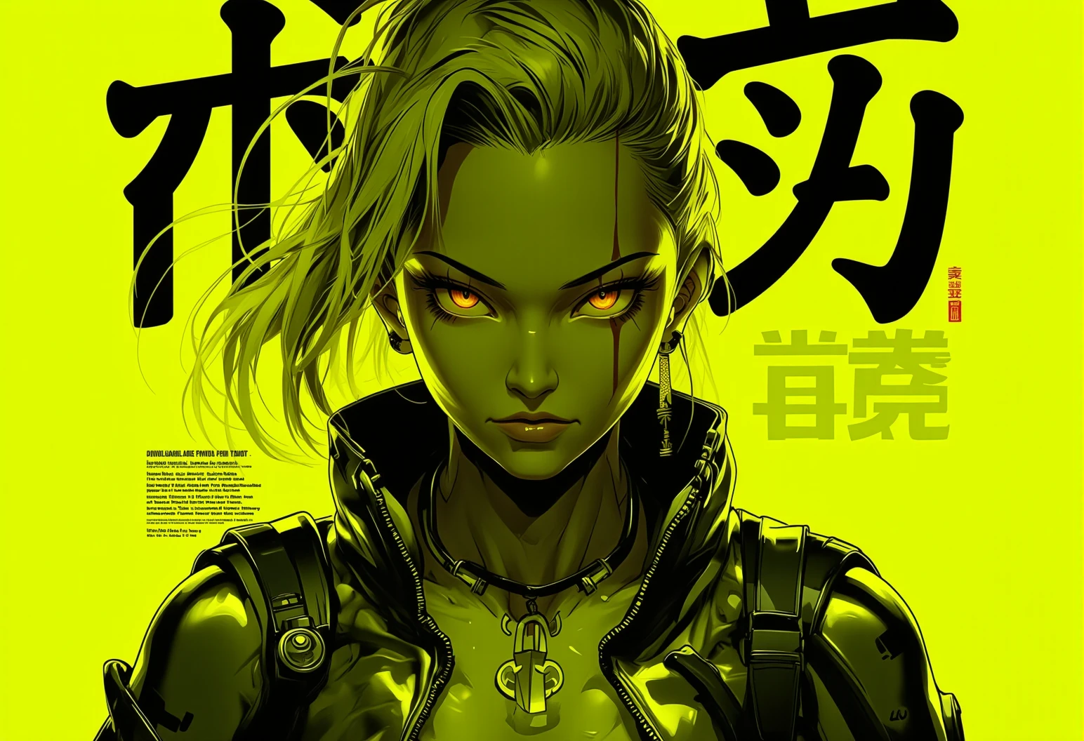 In the style of realistic, a stunning young womanin front of a solid neon yellow background, with the text "Power" in stylized kanji. , <lora:bv-neoartsty.safetensors:1.0:1.0>