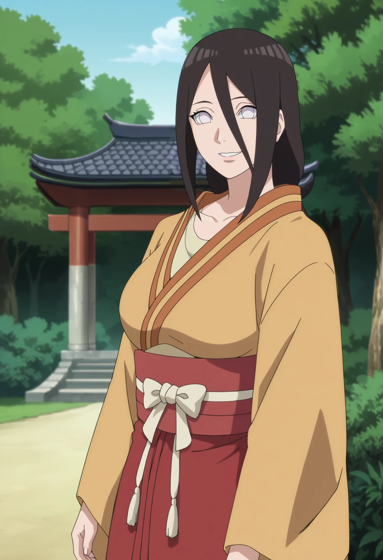 score_9, score_8_up, score_7_up, source_anime,anime screencap,anime coloring,intricate details,masterpiece,
uncensored,
mature female,
hanabi, black hair, 1girl, long hair, hair between eyes, white eyes,no pupils,large breasts,teeth, 
japanese clothes, kimono,long sleeves,
 upper body, 
smile,looking at viewer,
perfect anatomy,
scenery,outdoors, east asian architecture, forest,
<lora:Hanabi_by_Nyx:0.9>