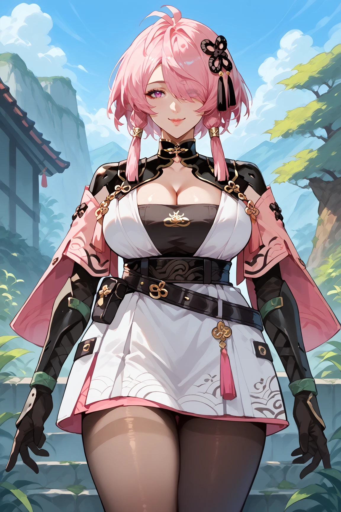 score_9, score_8_up, score_7_up, score_6_up, source_anime, solo, 1girl, taoqi, large breasts, pink hair, pink eyes, hair over one eye, hair ornament, skirt, cleavage, belt, gloves, detached sleeves, tassel, vambrace, shoulder armor, pantyhose, outdoors, smile <lora:Taoqi:1>