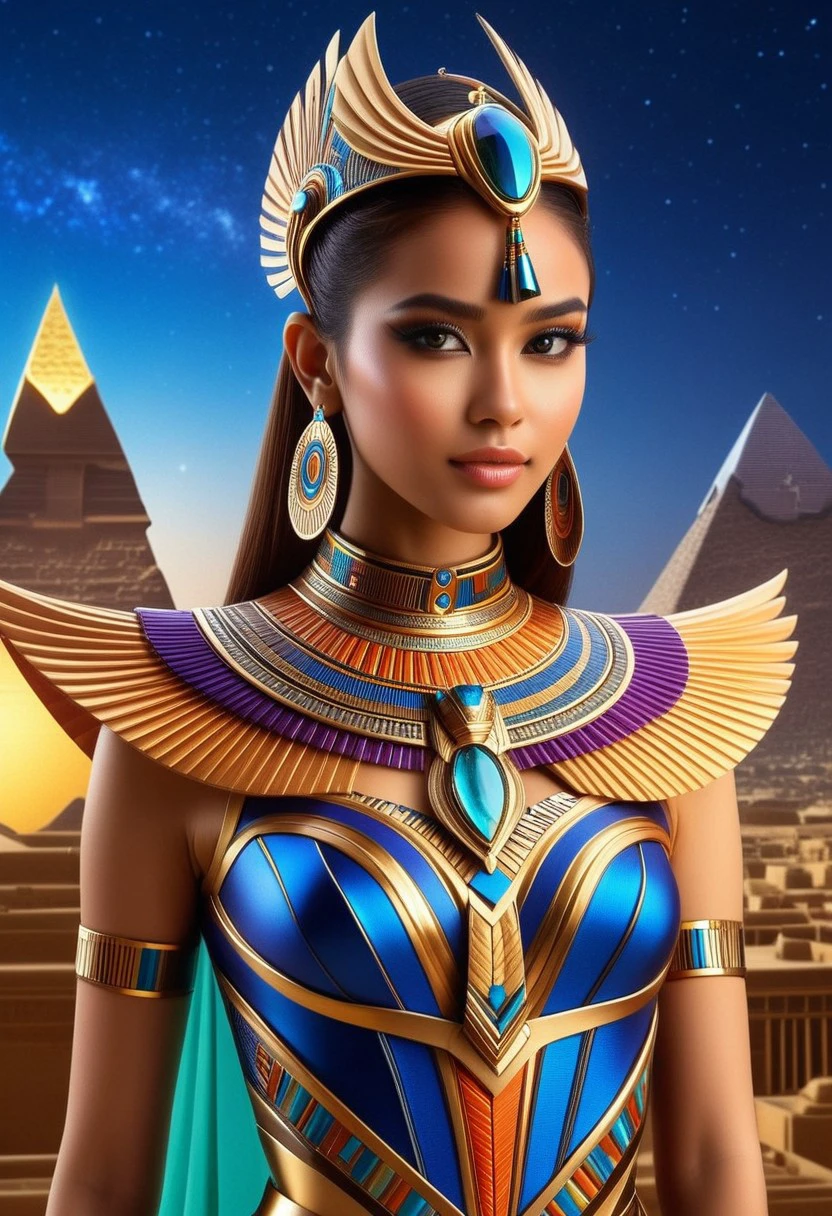 (high quality), (masterpiece), (detailed), 8K, A captivating hyper-realistic portrait of a young woman, her upper body adorned in a fusion of fantasy and futuristic fashion. The ensemble blends modern interpretations of Egyptian and Indonesian cultural elements, creating a unique and captivating style. The intricate details of the clothing, with its vibrant colors and textures, draw the eye, while the subject's confident gaze and subtle smile exude a sense of strength and mystery. The background, a blend of ancient architecture and futuristic cityscapes, adds to the captivating atmosphere.