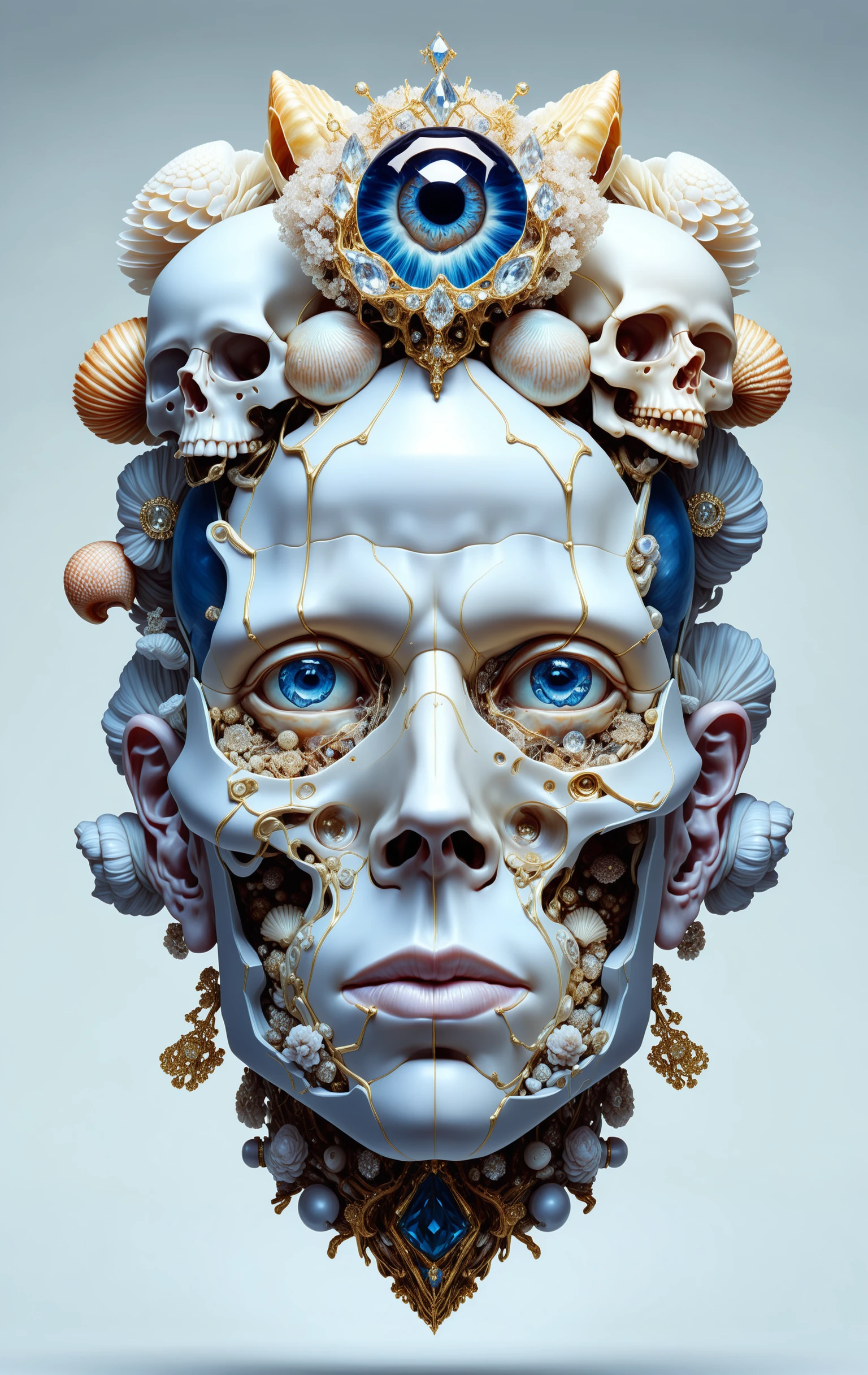 The anatomy of a human head made of different styles of eyes, diamonds and shells, an ultrafine detailed painting by james jean, octopath traveler, behance contest winner, vanitas, angular, altermodern, surreal photography 8k resolution image, translucent and ethereal.,
masterpeice,detailed,intricated details,8k,ultraclear,