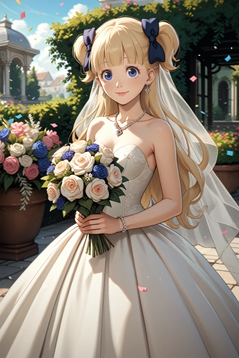 score_9, score_8_up, score_7_up, score_6_up
<lora:AEmilico:1.0>
AEmilico, 1girl, blonde hair, blue eyes, hair bow, blunt bangs, two side up, long hair, looking at viewer, garden, wedding dress, necklace, smile, bouquet, day, confetti, cowboy shot, standing