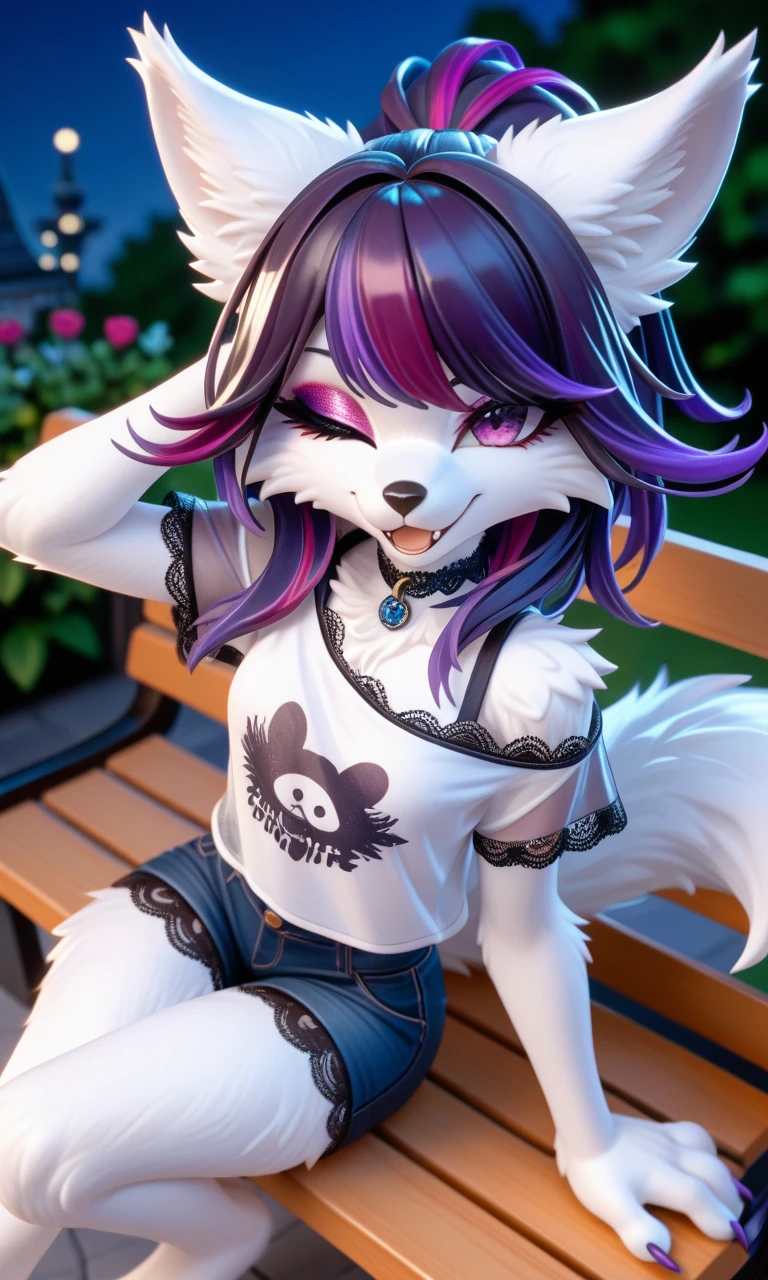  (a young slender white female fox furry), white fur, black fur on ears, huge fluffy lilac fox tail, furry, slender, lilac long hair, hollowing violet eyes, violet octaheadron shaped crystal on necklace, fangs, fry
