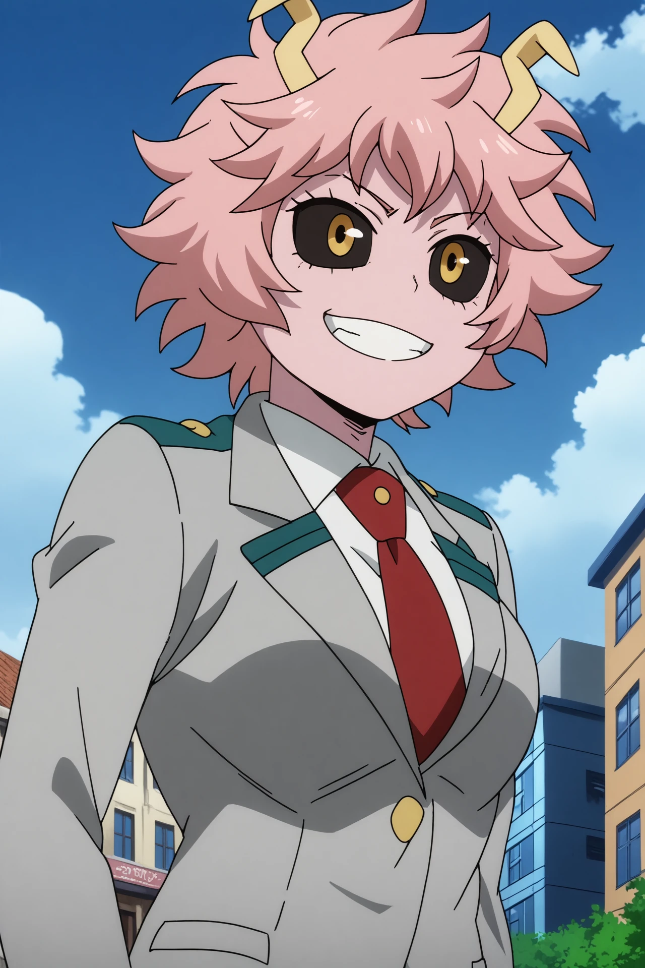 mina ashido,1girl,solo,breasts,medium breasts,pink skin,horns,colored skin,clenched teeth,teeth,short hair,colored sclera,black sclera,u.a. school uniform,school uniform,red necktie,necktie,smile,grey jacket,long sleeves