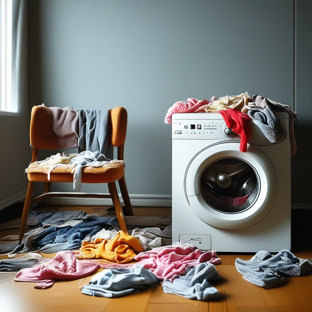 messy living room washing machine clothes on the floor and hanging up over chairs bra and underwear