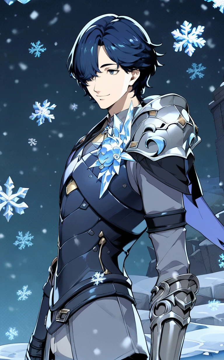 score_9,score_8_up,score_7_up,source_anime,,1boy,solo,masaki_ashiya,male focus,deep blue hair,hair over one eye,standing,smile,armor,ice,blue light,from side,snowing,snowflakes,<lora:Masaki_Ashiya:0.9>