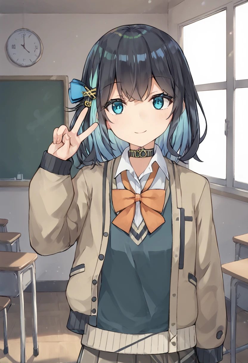 score_9, score_8_up, score_7_up, source_anime, <lora:lowres_concept_ponyXL_v1:-0.3> 
BREAK,
<lora:miyamai_moca_ponyXL_v3-15:1> miyamai_moca, black hair, blue hair, colored inner hair, multicolored hair, blue eyes, hair ornament, 
school uniform, brown jacket, open jacket, sweater vest, white shirt, choker,  smile, classroom, looking at viewer, indoors, standing, v, peace sign, window,