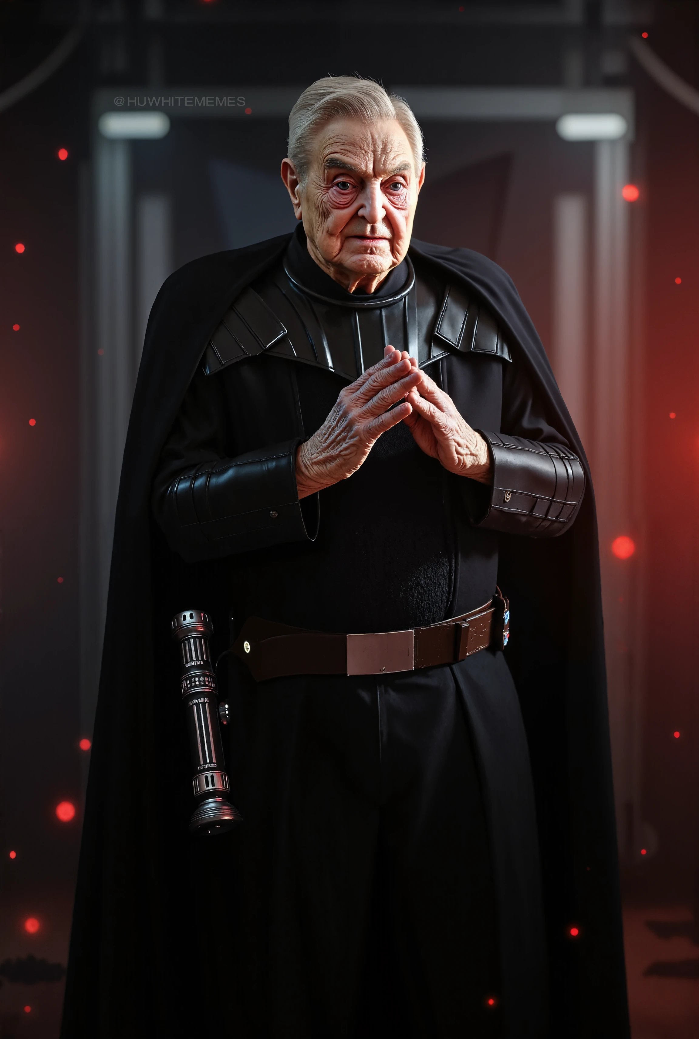 George Soros, Sith Lord, monster, hands rubbing stance, rubbing hands together, greedy pose, sinister grin, Star Wars, black cloak, crimson red glowing eyes, dark grey weathered skin, sleek black armor, Sith dreadnought, polished armor, lightsaber handle rests on his hip, starship bridge, cold calculating stare, staring at the viewer, looking up, galaxy backdrop, red glowing details, sinister atmosphere, galactic destruction, photorealistic, hyper-realistic, cinematic lighting, mechanical sith armor and robes, sith outfit, wrinkled skin, saggy face, bags under eyes, George Soros sith lord face, red glowing particles in the air, red lighting casting red shadows, pure evil atmosphere and facial features. George Soros, as a dark, pure evil Sith Lord on the bridge of a massive Sith dreadnought, with a sinister grin, in a greedy hands rubbing pose, rubbing his hands together in greed, staring intently at the camera with greedy evil intent and a sinister smirk, his dark weathered skin accentuated by glowing red eyes. Clad in sleek, polished black Sith mechanical armor, Soros commands the scene with an air of ruthless power, his hands rubbing together as if about to steal something or as if he's thinking about wealth and riches, he gazes forward at the camera, His deactivated lightsaber handle rests attached to his belt. The bridge is backlit in red lighting with glowing red particles floating in the air, energetic red auras and energy abound as it hums with tension, as officers and acolytes move nervously around him, fearing his cold, calculating gaze fixed on a distant planet. The ship's engines rumble like an oncoming storm, casting its enormous shadow across the stars. His voice, low and commanding, echoes through the command center as he issues the final order to unleash the ship’s devastating superweapon, causing the distant planet to tremble. Dramatic lighting illuminates the sinister scene, casting deep shadows that reflect the dark nature of the Sith Lord, as the universe seems to darken in the ship's wake. sith outfit robes, sith outfit. Red Chiaroscuro lighting and dark red shadows