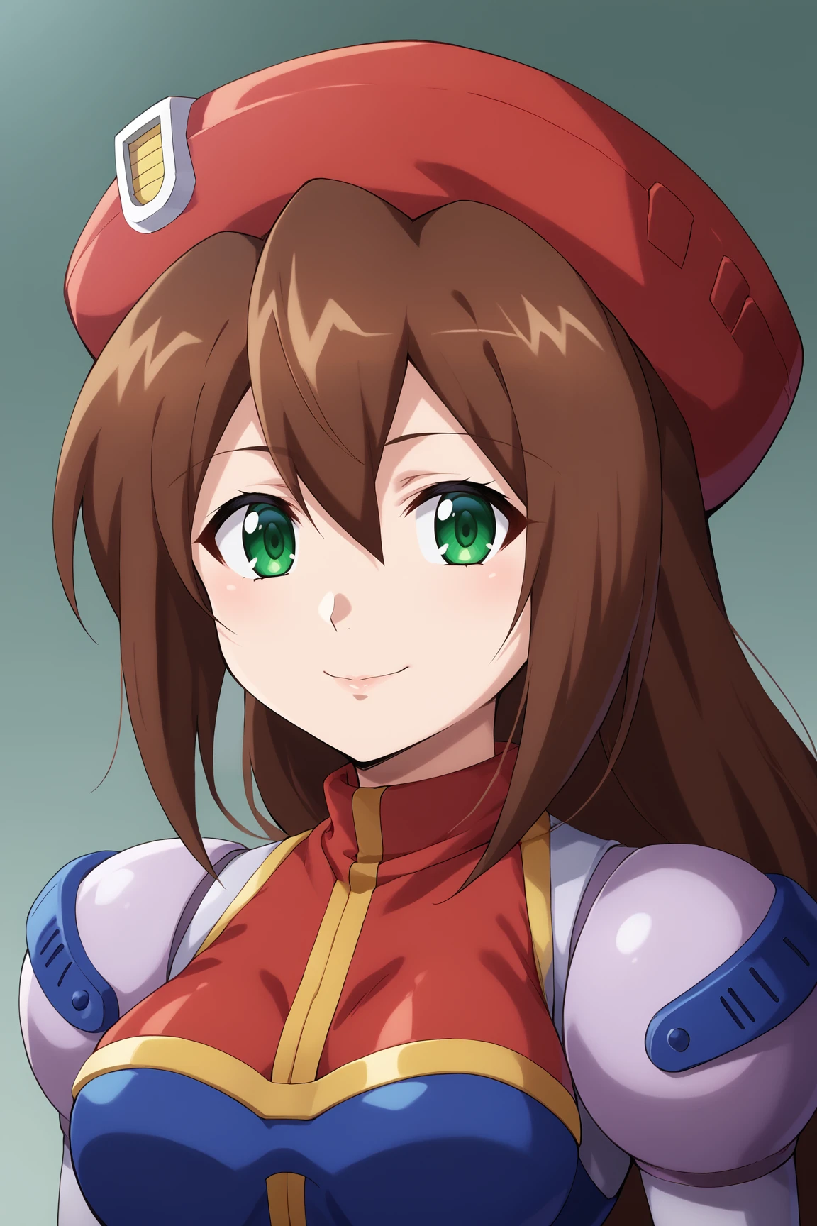 score_9, score_8_up, score_7_up, source anime, prefect lighting, very aesthetic, BREAK, anime coloring,
<lora:iris_mega_man_v1-p6:1>, 1girl, iris \(mega man\), green eyes, brown hair, 
irisout, low-tied long hair, beret, red headwear, upper body, 
BREAK, looking at viewer, light smile, <lora:susamix010-pony:0.7>
BREAK,