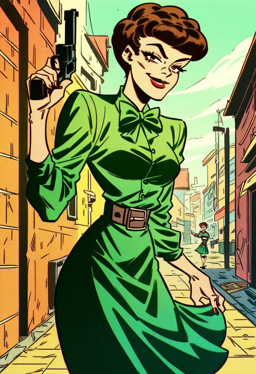 score_9_up, score_8_up, score_7_up, score_6_up, 1girl, solo, valerie_vaughn, brown hair, short hair, green blouse, belt, green skirt, bow, red lipstick, smug smile, looking at viewer, holding handgun, (standing in an alleyway)