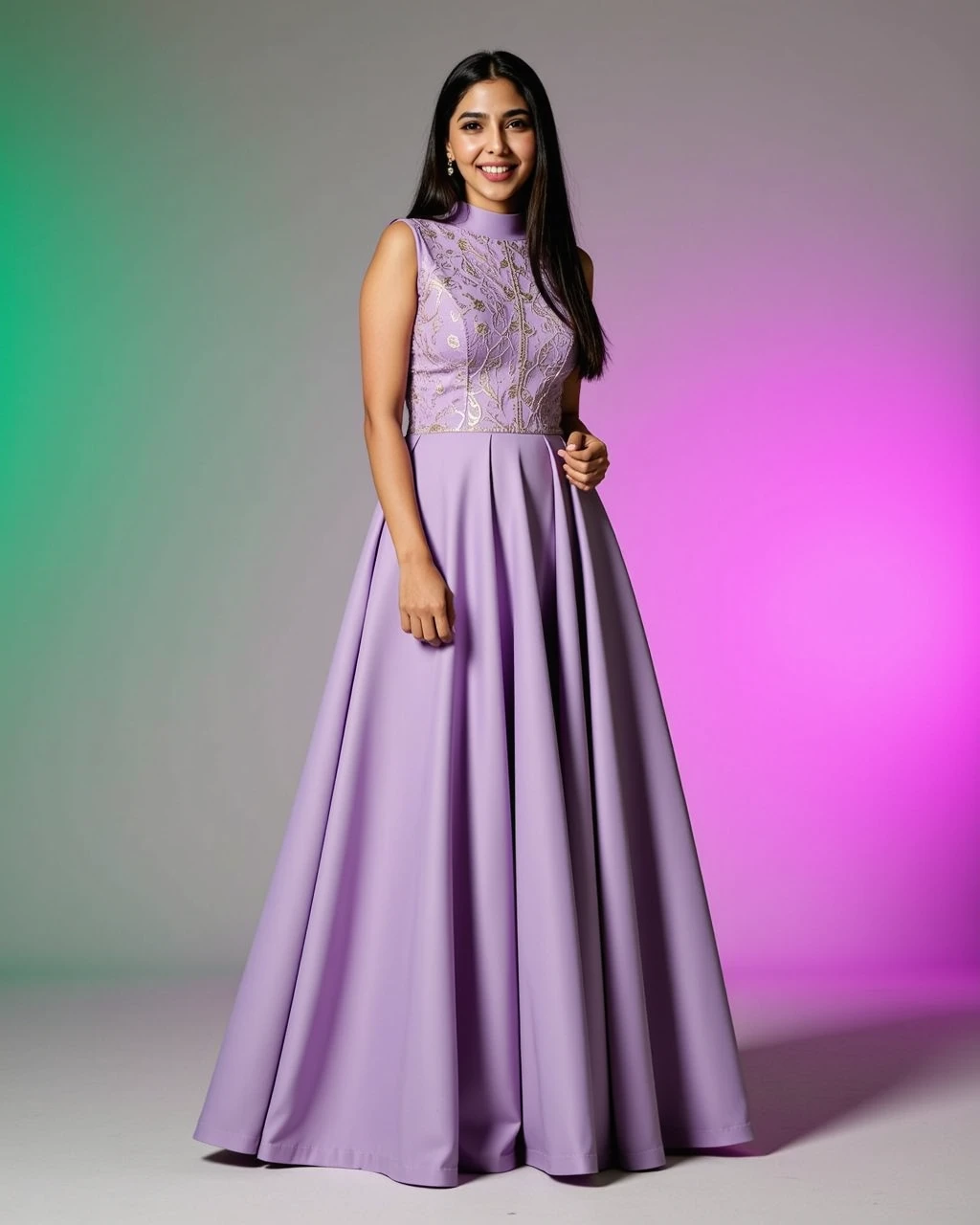 full body photo aishwarya lekshmi woman,paparazzi photo, laughing face,studio quality, wearing intricate high neck elegant Violet  Long Anarkali Gown, straight hair, darker pastel shaded multicolored background<lora:TestBed\Aish_Lekshmi_Flux_Kohya_V1-step00000300.safetensors:1.0:1.0>