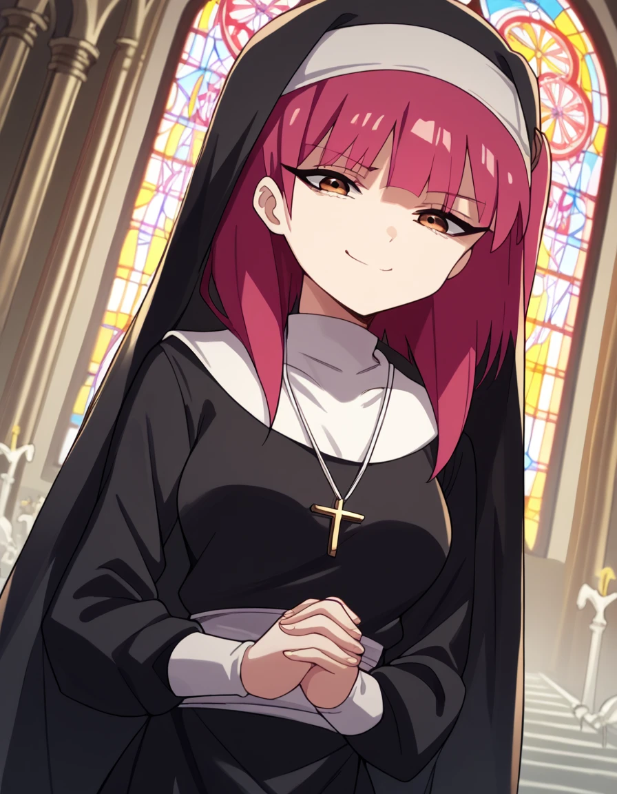 score_9, score_8_up, score_7_up, source_anime, <lora:magi-morgiana-s1-ponyxl-lora-nochekaiser:1>, morgiana, orange eyes, red hair, one side up, medium breasts,, <lora:traditional-nun-ponyxl-lora-nochekaiser:1>, traditional nun, nun, habit, long sleeves, dress, black dress, jewelry, black veil, cross, cross necklace,, church, smug, praying,, , dutch angle, cowboy shot