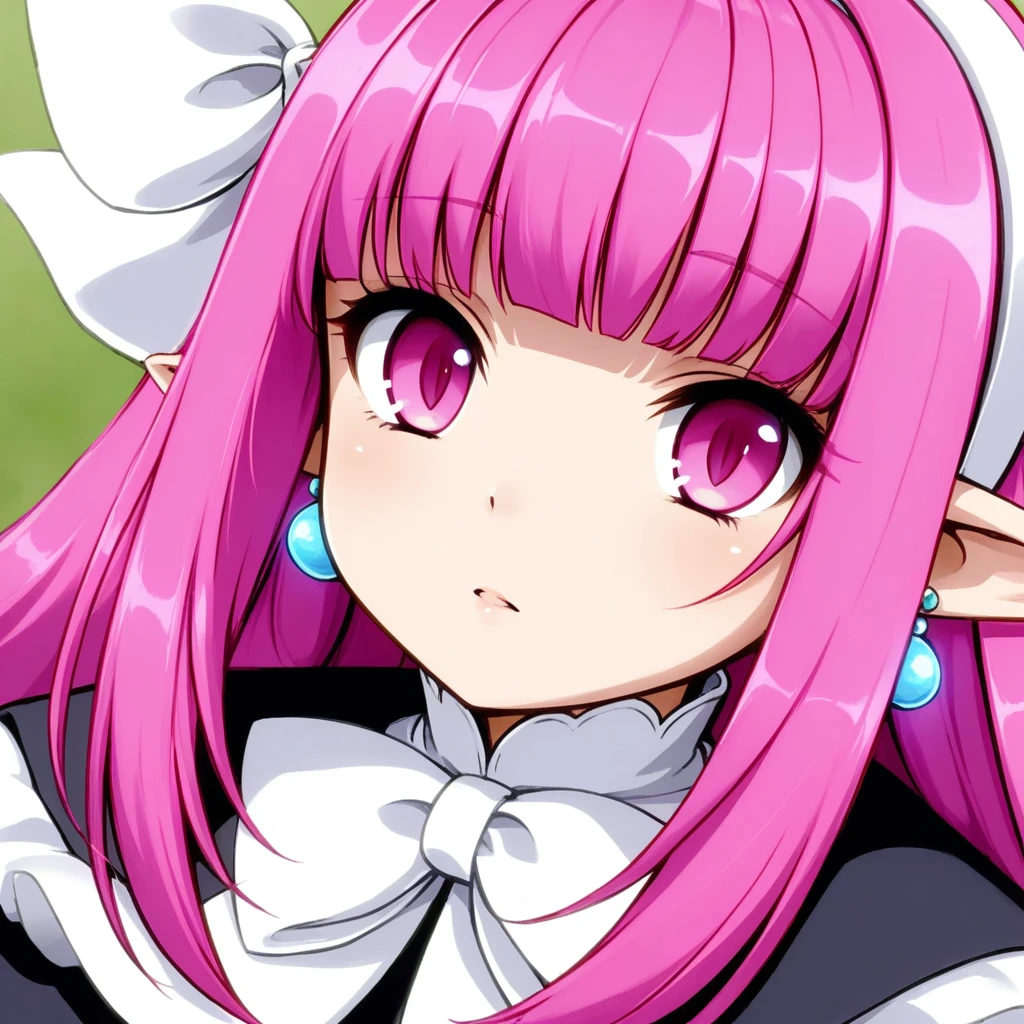 long sleeve,black long dress,Slit in the center dress,pink hair,pink eyes,capelet,black Long boots,blunt bangs,long dress,earrings,white hair ribbon,white hairband,pointy ears,ribbon,