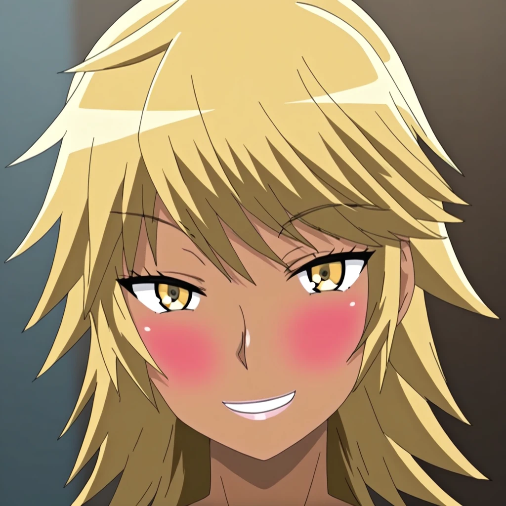 1girl,solo,blonde hair,medium hair,yellow eyes,dark skin,bang,smile,blush,looking at viewer