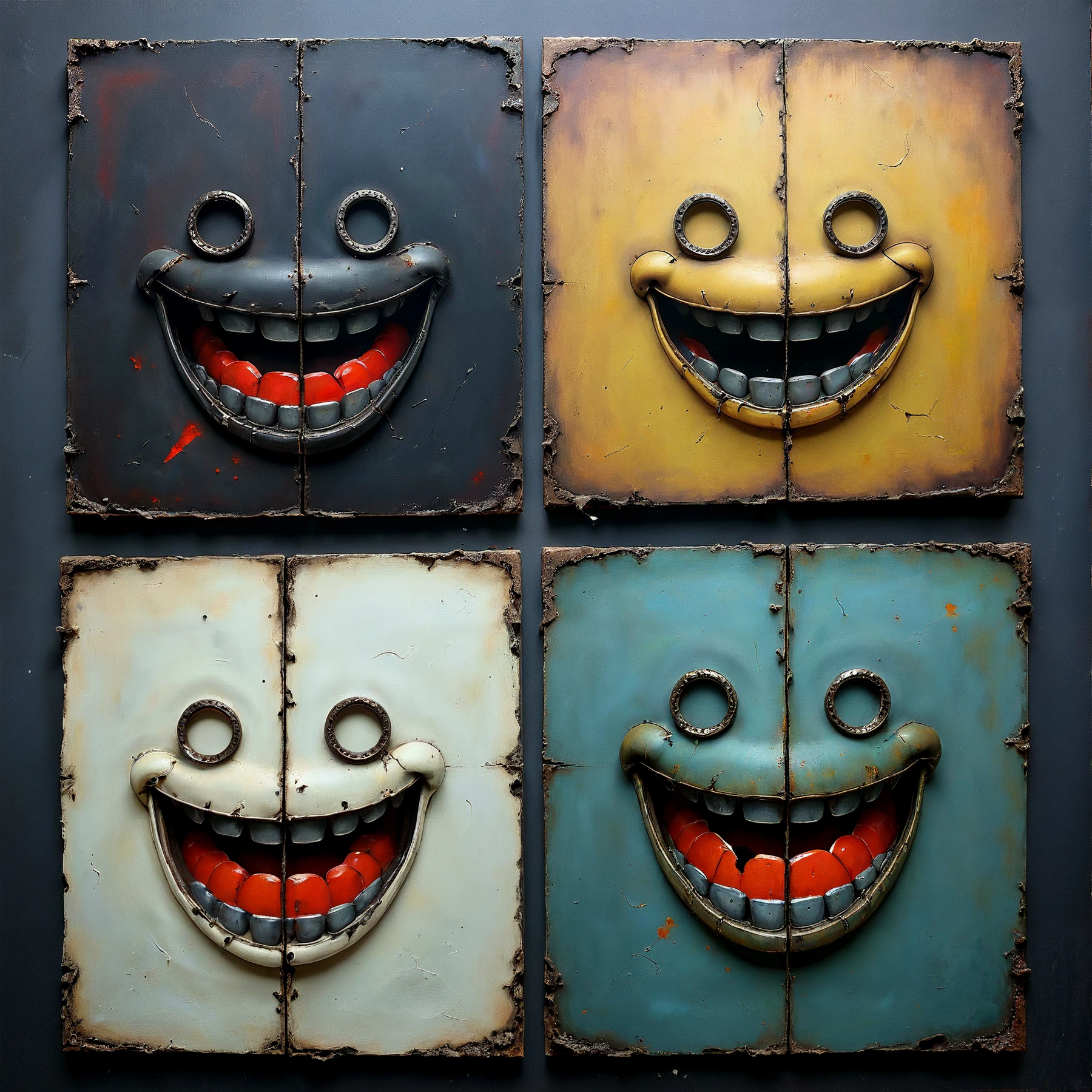 4 paintings.

Metal smile.

<lora:Quadrality01_CE_SDXL_64x32x180x2bOT:0.8> qdrltyCE style, 