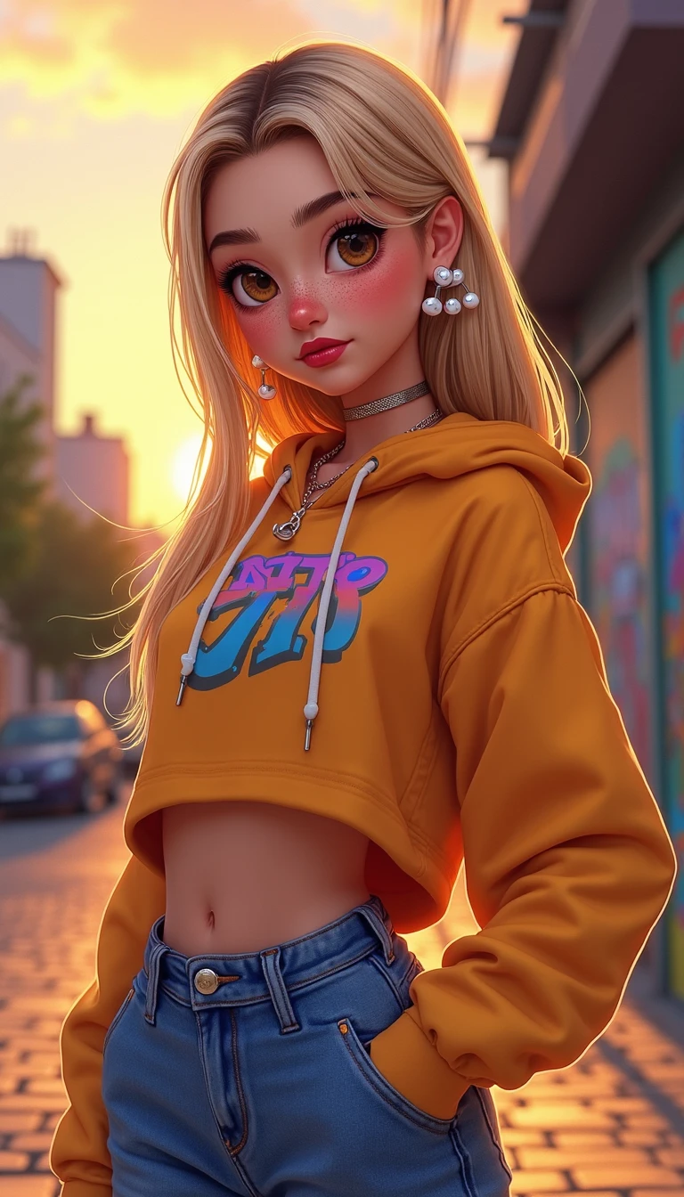 This is a vibrant digital painting of a s3lfi3 picture featuring a stunn1ng bl0nde woman with expressive brown almond eyes. She has a playful, cartoonish style reminiscent of contemporary animation. Her cute face is complemented by light, whimsical makeup and a subtle blush on her cheeks. Dressed in a trendy, colorful streetwear outfit, complete with a cropped hoodie and high-waisted jeans, she accessorizes with chunky silver jewelry. The background features an urban setting with graffiti art and colorful murals, bathed in the warm hues of a sunset. The lighting creates a cheerful atmosphere, highlighting her soft freckles and giving the scene a lively, energetic vibe during the "golden hour."