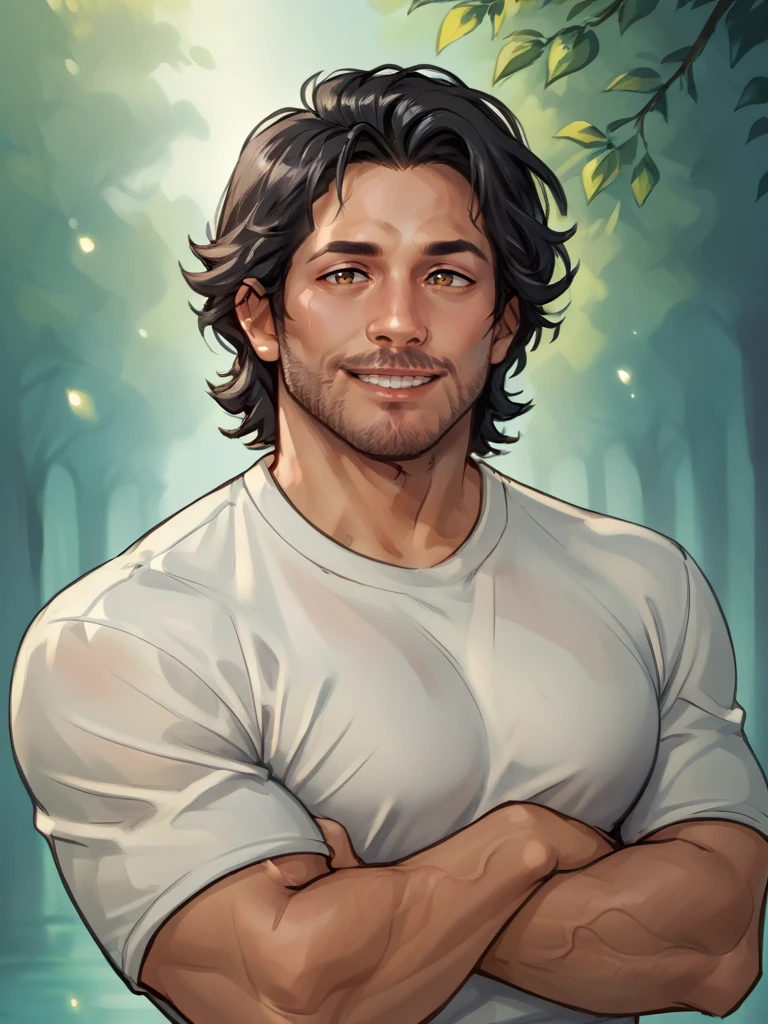 portrait of mark_iplier man, bara, smiling, white shirt, folded arms, black hair, facial hair, brown eyes,  <lora:Markiplier_Youtuber:.7>, score_9, score_8_up, score_7_up, <lora:Smooth Anime 2 Style SDXL_LoRA_Pony Diffusion V6 XL:.3>   <lora:add-detail-xl:.8>  zPDXL3,