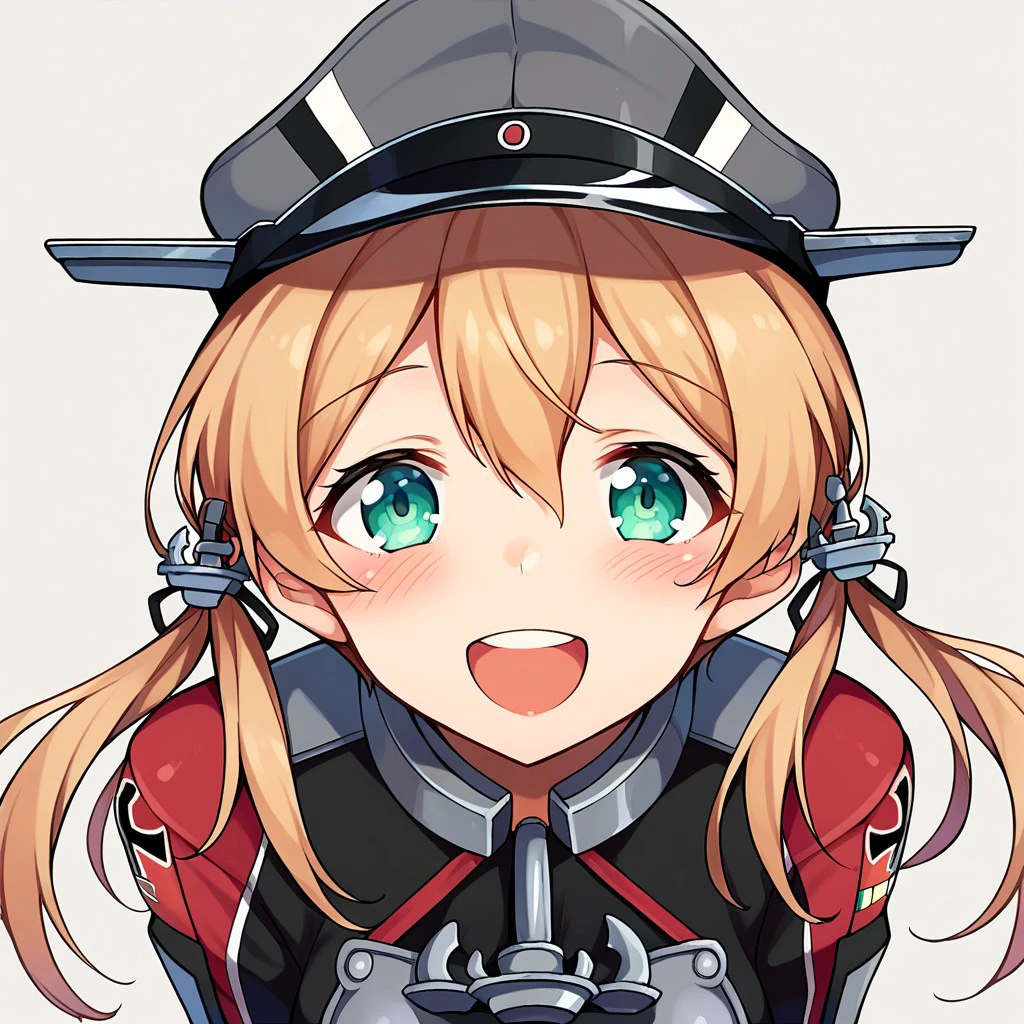 score_9, score_8, score_7, source_anime, prinz eugen (kancolle), low twintails, anchor hair ornament, peaked cap, :d, POV, looking at viewer, blush, smile, open mouth, upper teeth only